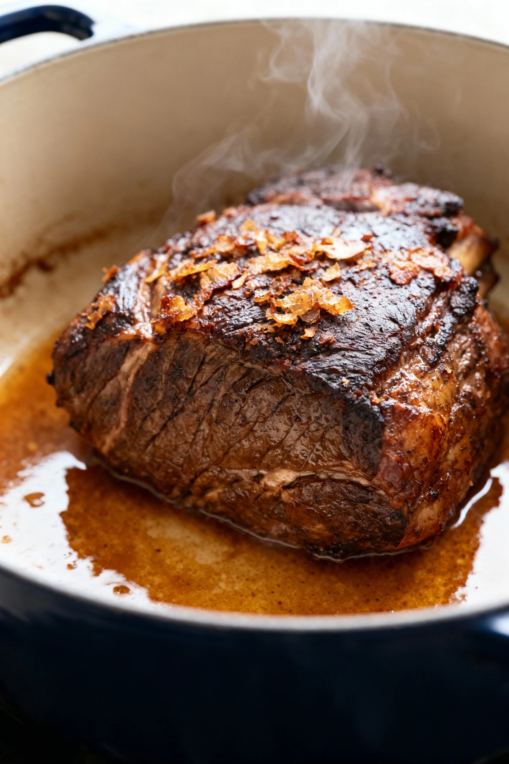 1. Close-up macro of deeply browned chuck roast after sear, crackling crust, glistening fond in Dutch oven, wisps of ste