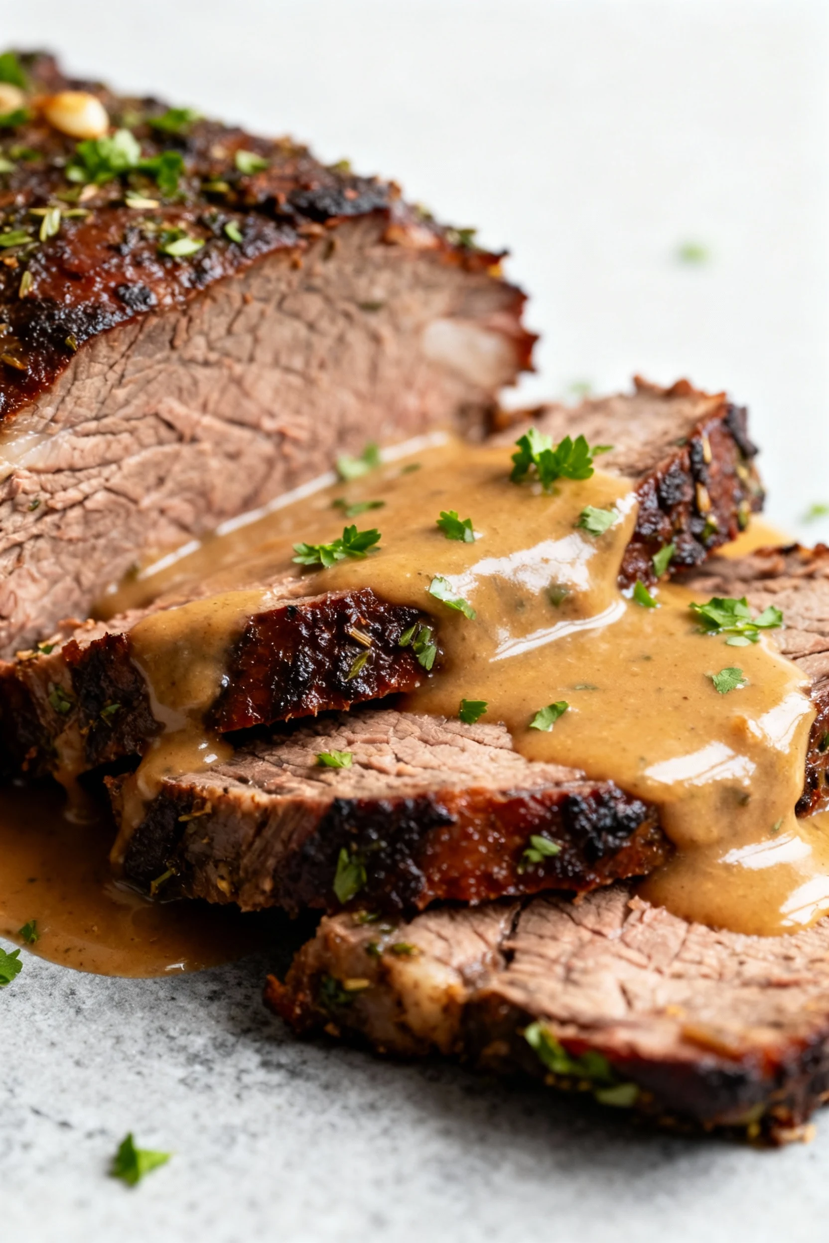 Close-up of sliced garlic-herb chuck roast with mahogany crust and velvety beef gravy cascading, parsley flecks on top, 