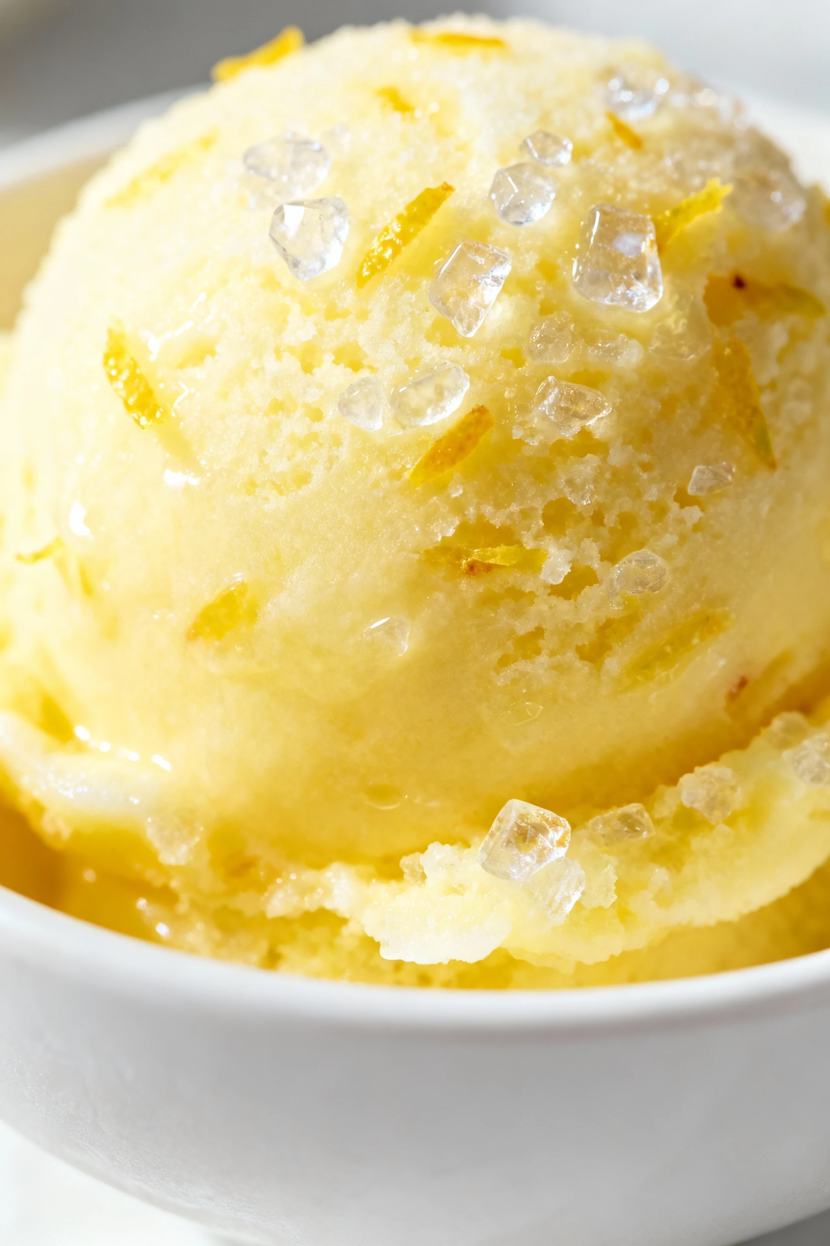 Close-up of Lemon Zing sorbet scoop with glossy micro-crystal texture and flecks of zest, shallow depth of field, natura
