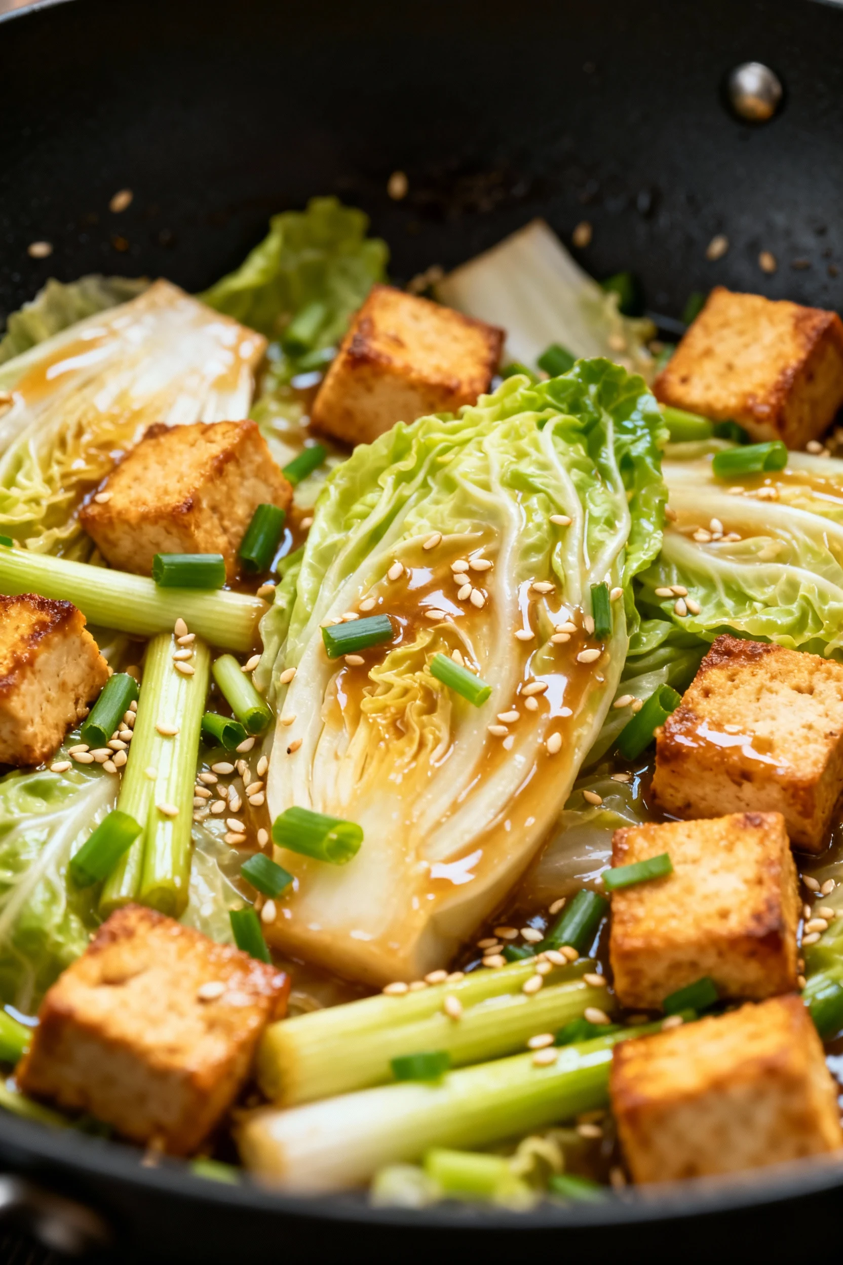 Close-up of napa cabbage stir-fry with tofu: glossy sauce clinging to silky leaves and crisp stems, golden sear on tofu,