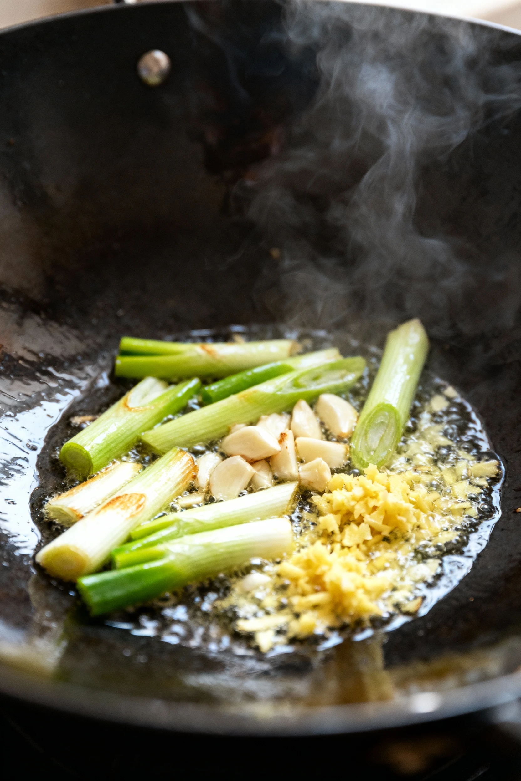 Close-up of sizzling aromatics—golden-browned scallions with minced garlic and grated ginger in a hot wok, shimmering oi