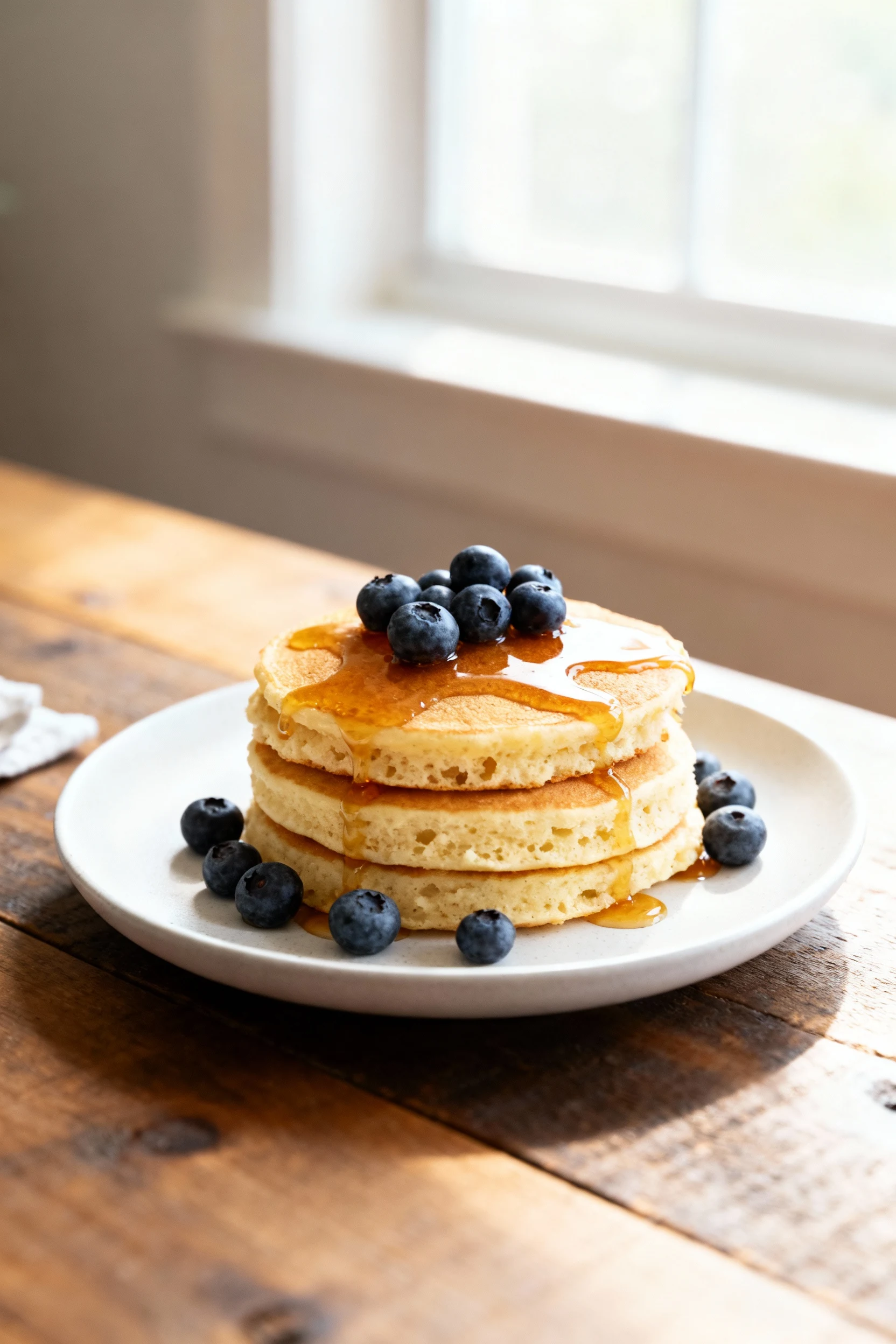 Overhead shot of a stack of coconut flour pancakes, fluffy and golden with soft springy crumb, maple syrup drizzle and b