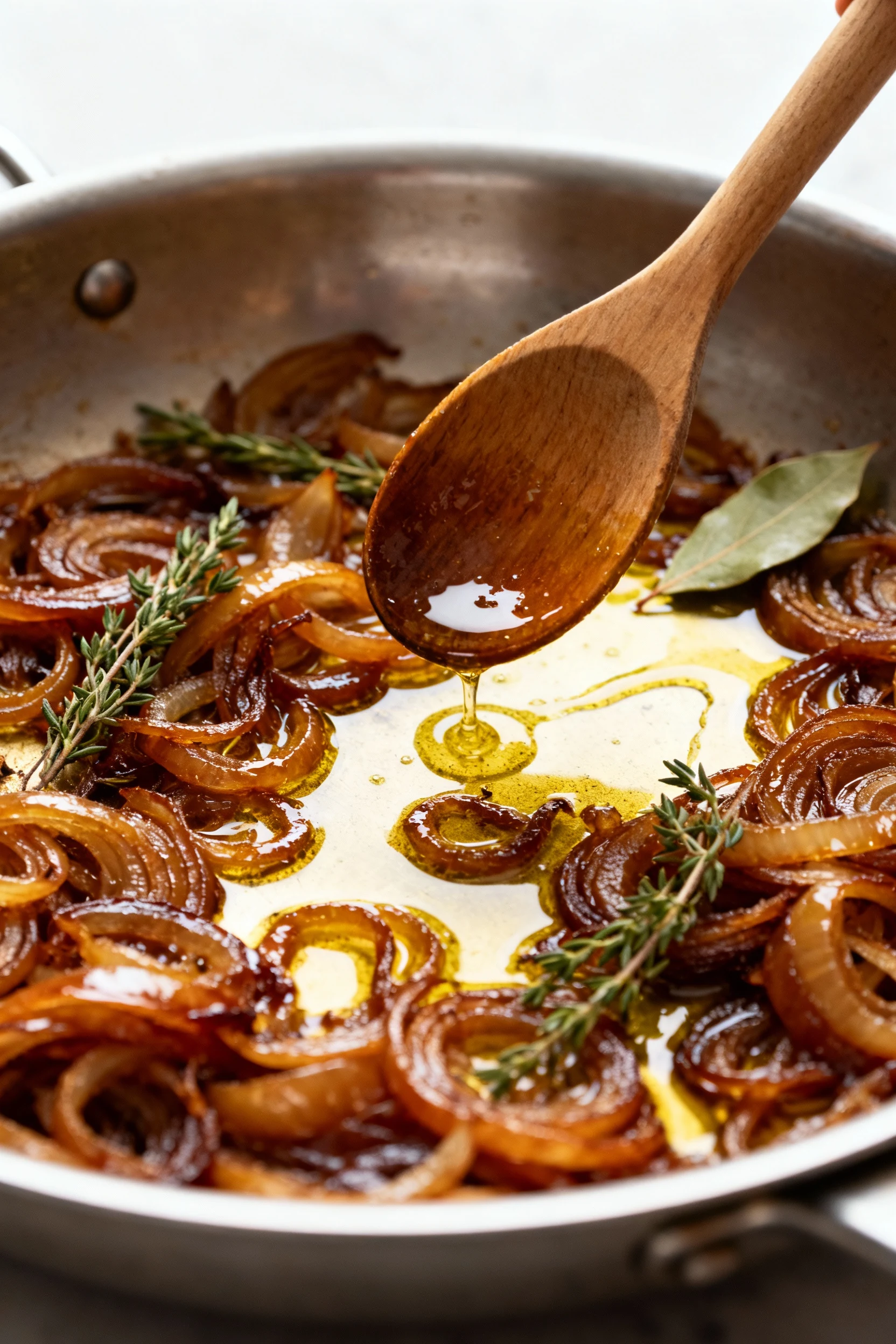 Close-up of deeply caramelized onions in a 12-inch heavy skillet, jammy deep-amber strands glistening in butter and oliv