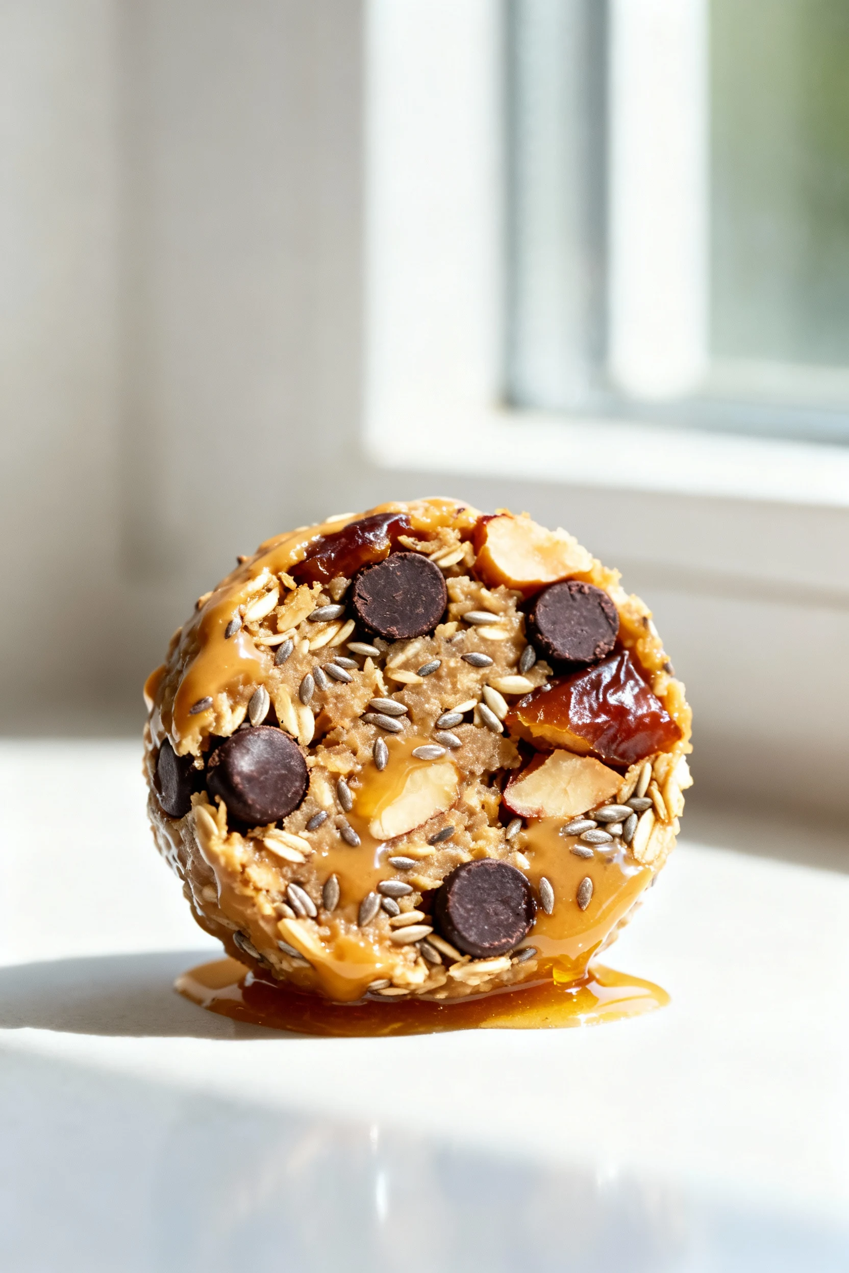 Close-up of a halved flax–oat energy bite showing mini dark chocolate chips, chopped dates, flax flecks, and a glossy ho