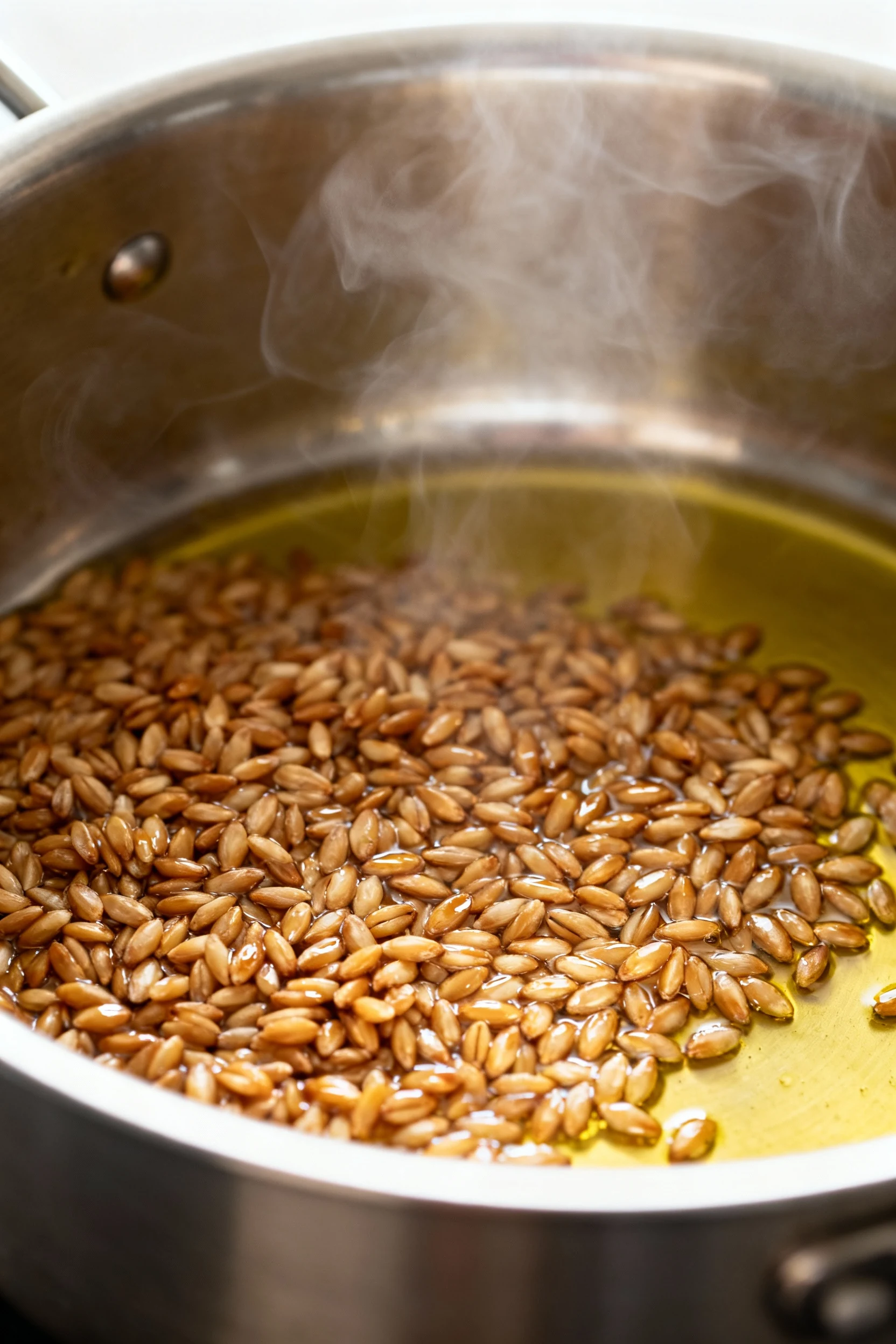 Close-up of toasted farro in olive oil in a stainless pot, lightly browned and glossy with steam, shallow depth of field