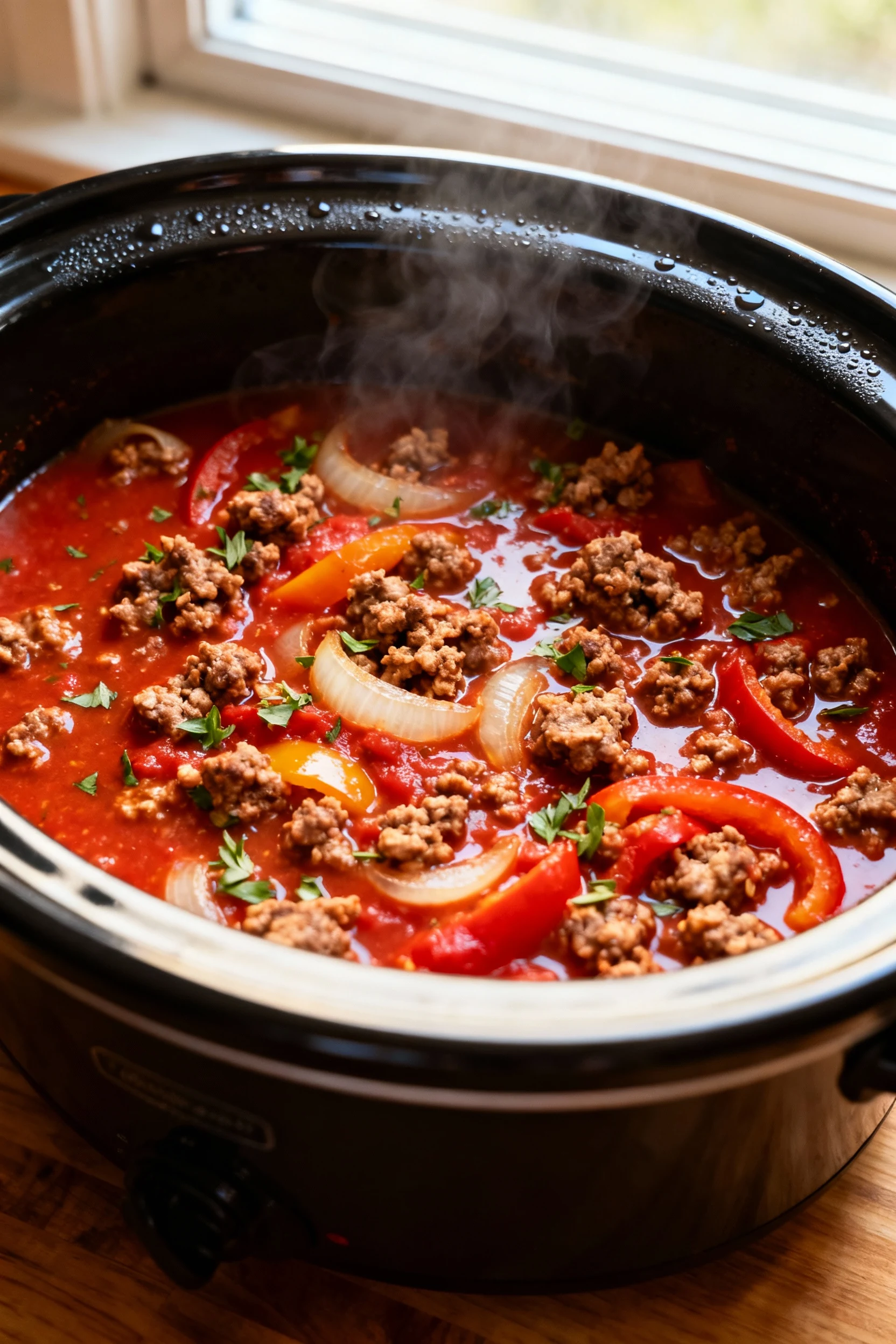 Overhead cooking process shot: slow cooker filled with simmering tomato-basil sauce and fully cooked Italian sausage cru
