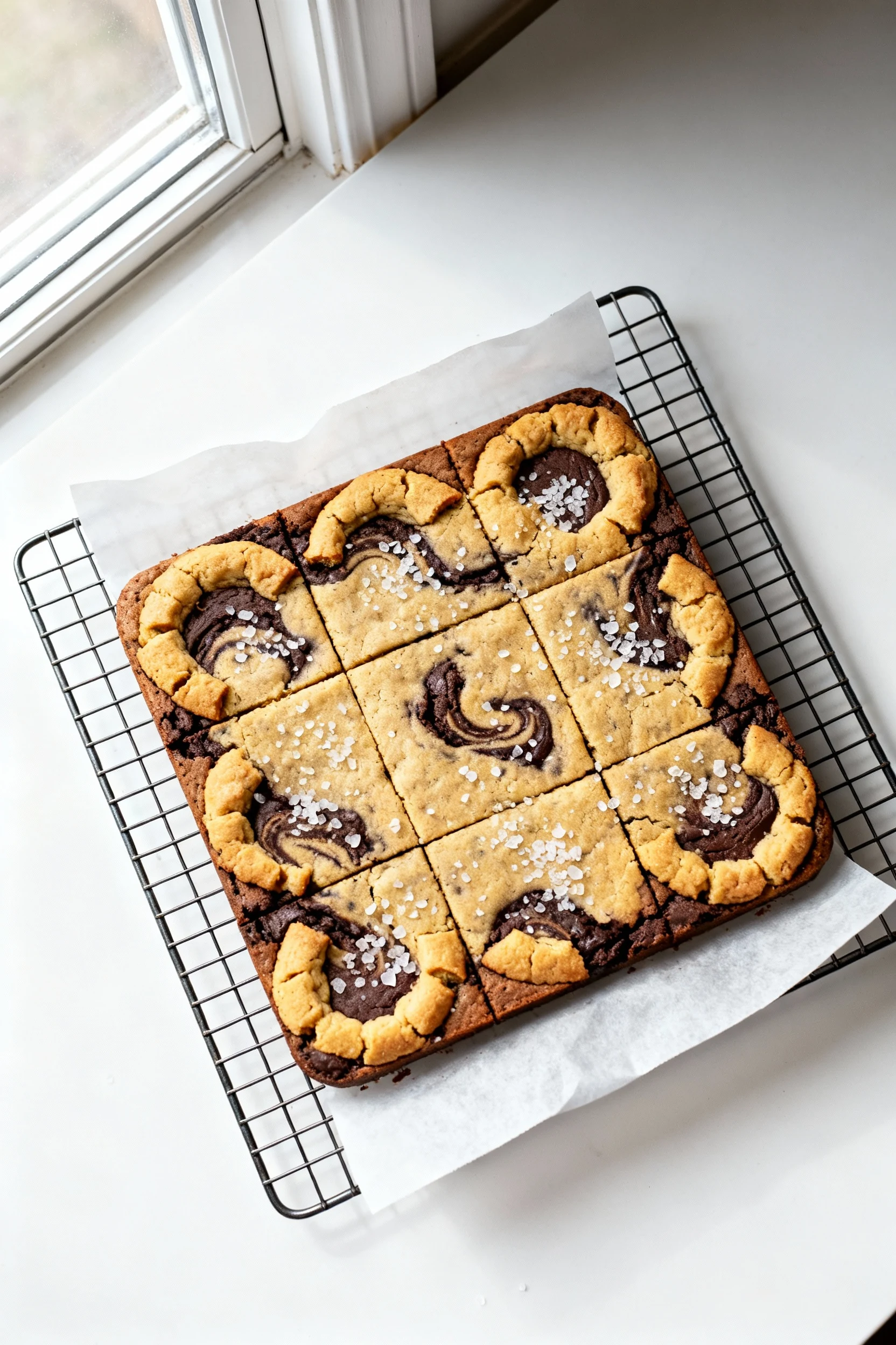 1. Overhead shot of a 9x9 square pan of freshly baked brookies on a wire rack, golden cookie crown with brownie swirls p