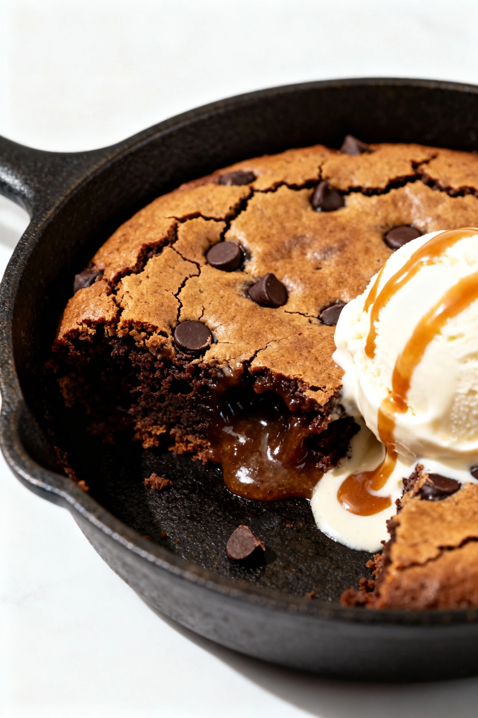 Close-up of one-bowl skillet brownie in a cast-iron pan, crinkly top with melted chocolate chips peeking and gooey cente
