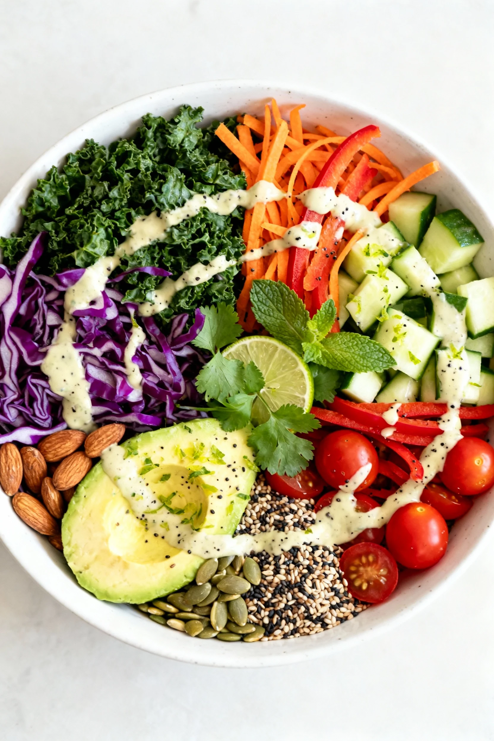 Overhead final bowl: massaged kale, shredded purple cabbage, carrot ribbons, diced cucumber, thin red bell pepper, cherr