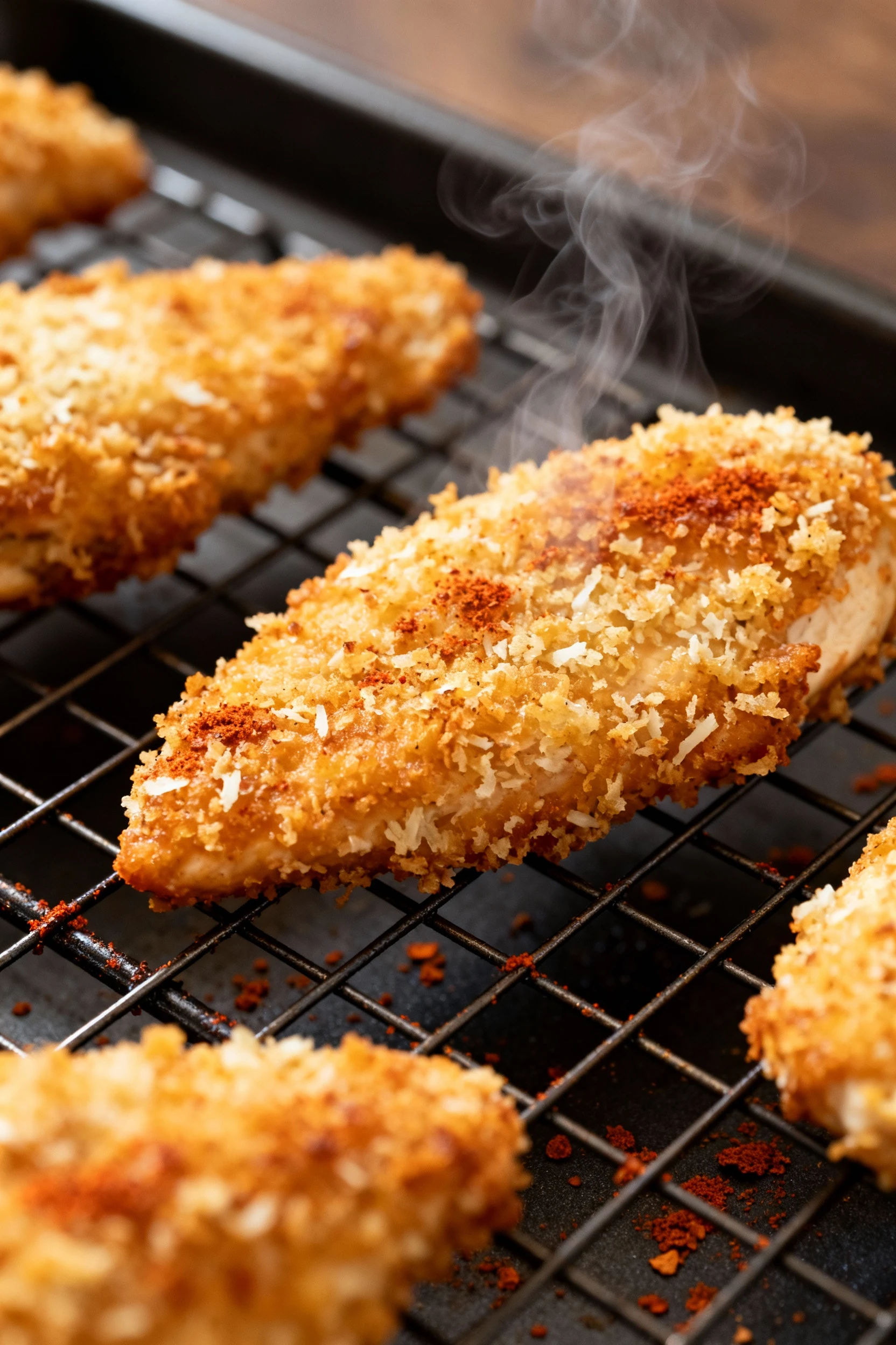 Macro close-up of golden panko–Parmesan crusted chicken tenders resting on a wire rack after air frying, visible steam a