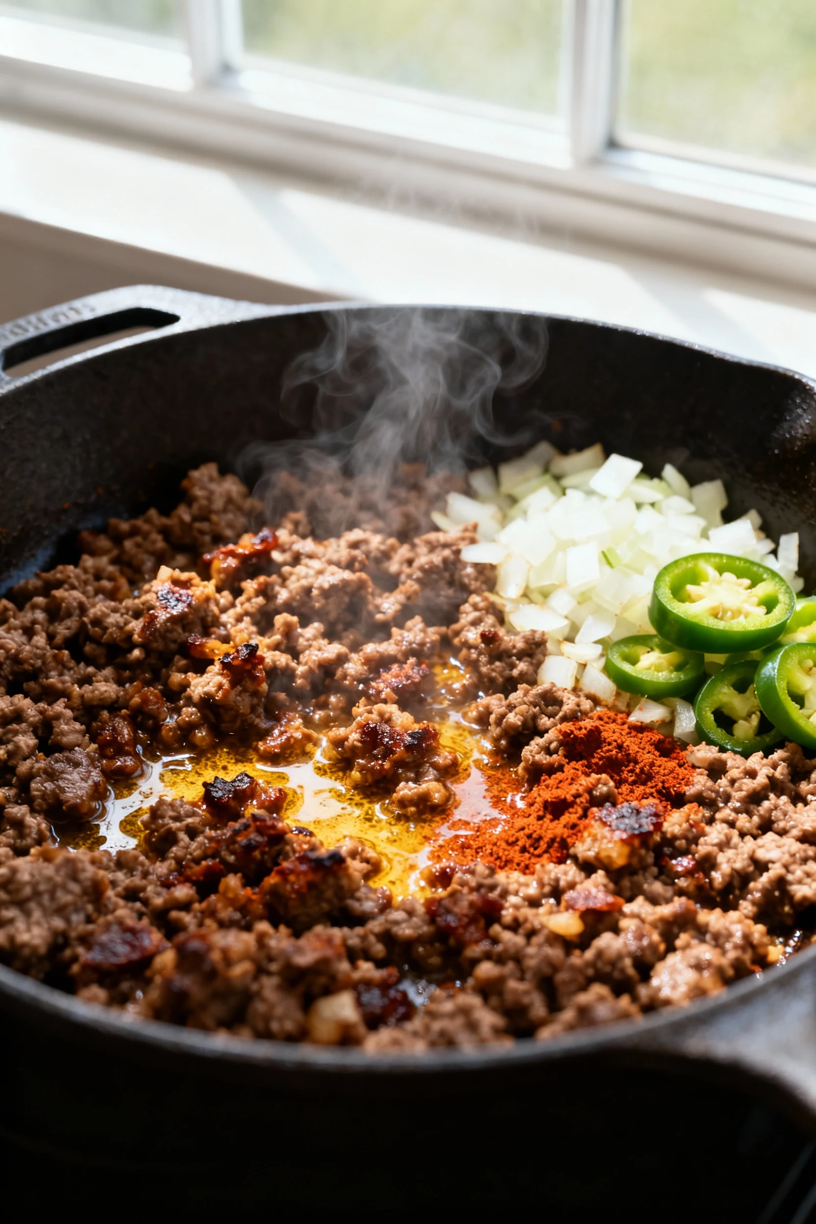 Close-up process shot: deeply browned ground beef with crispy caramelized bits and paprika-stained oil sizzling in a cas
