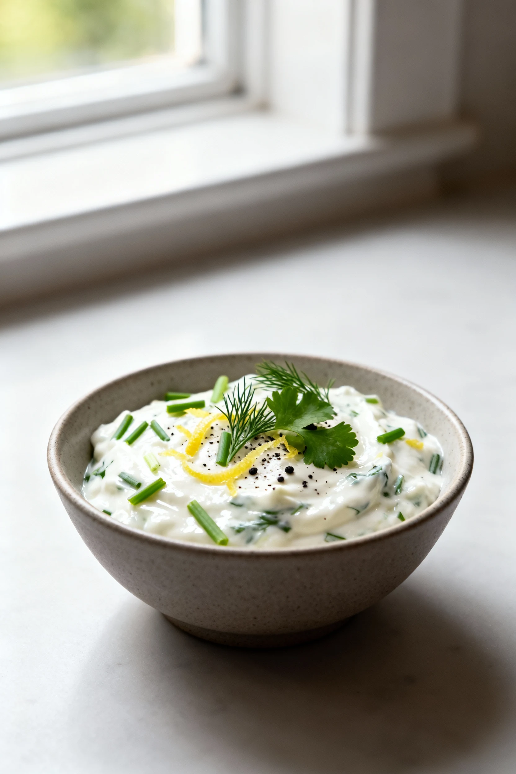 Close-up of glossy herbed sour cream dip in a small matte ceramic bowl, flecks of chives, dill, parsley and lemon zest v