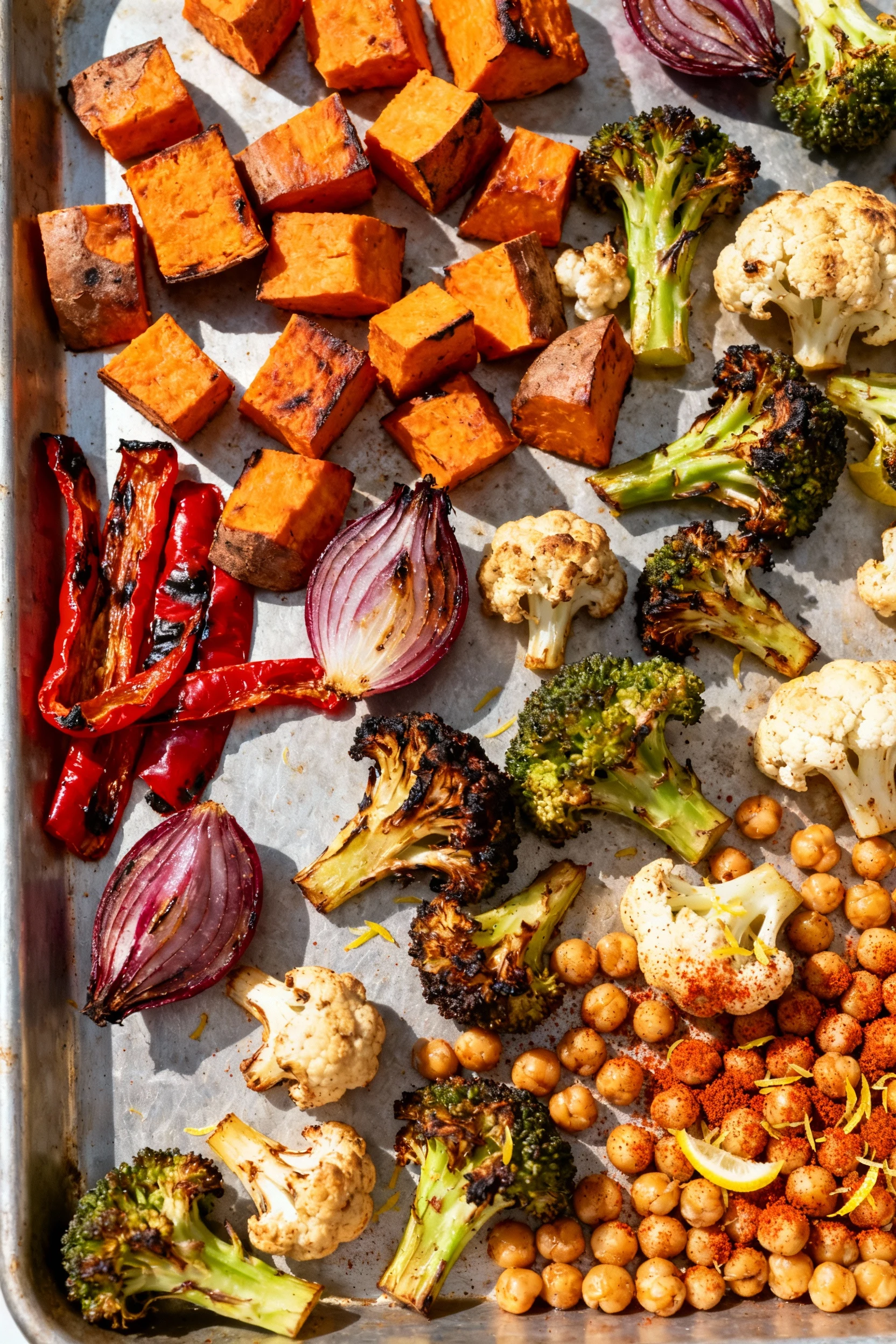 1. Overhead shot of a just-roasted sheet pan: caramelized sweet potato cubes, blistered red pepper strips, charred red o