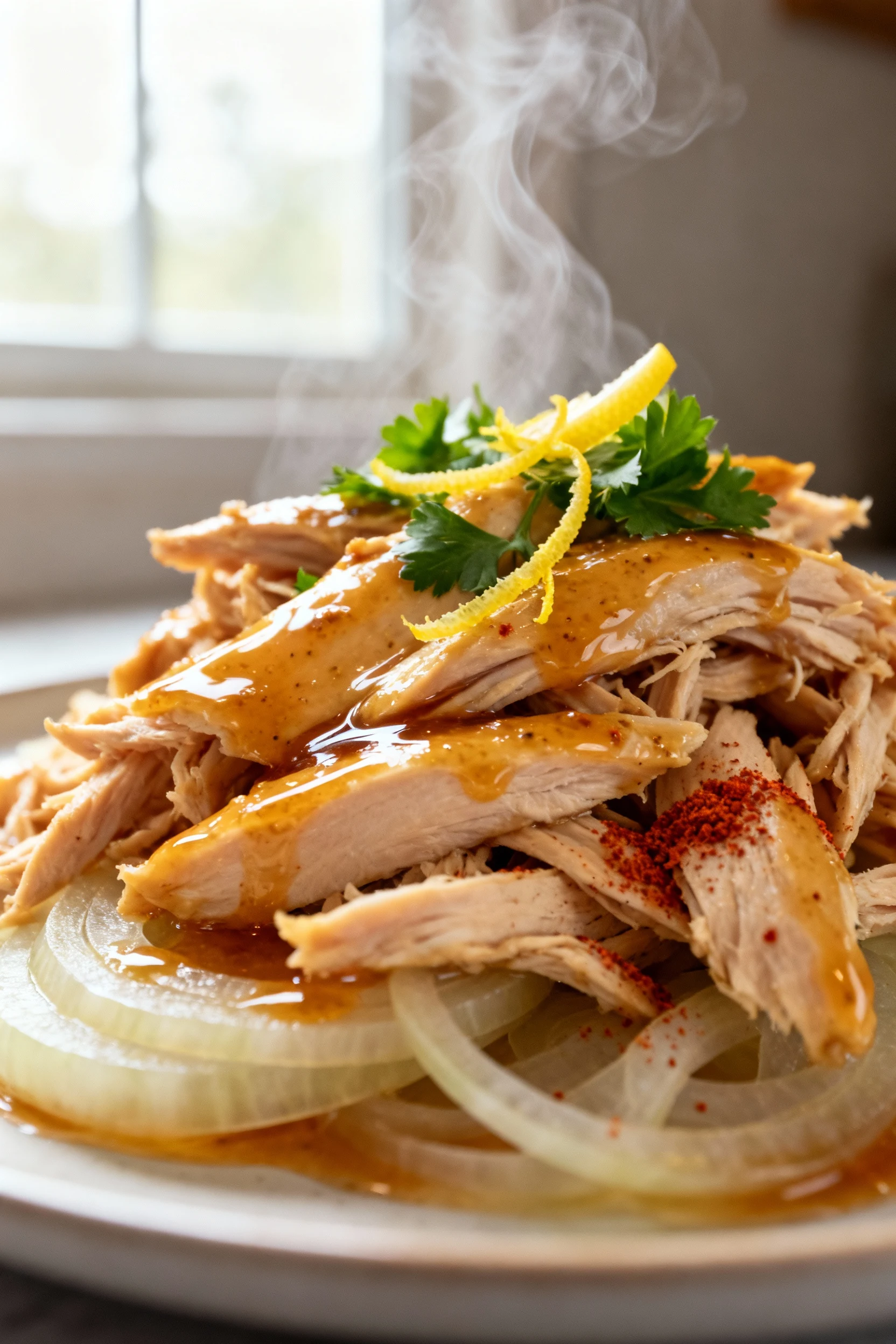 Close-up macro of steaming shredded slow-cooker chicken breast glistening in honey-Dijon soy glaze with soft translucent