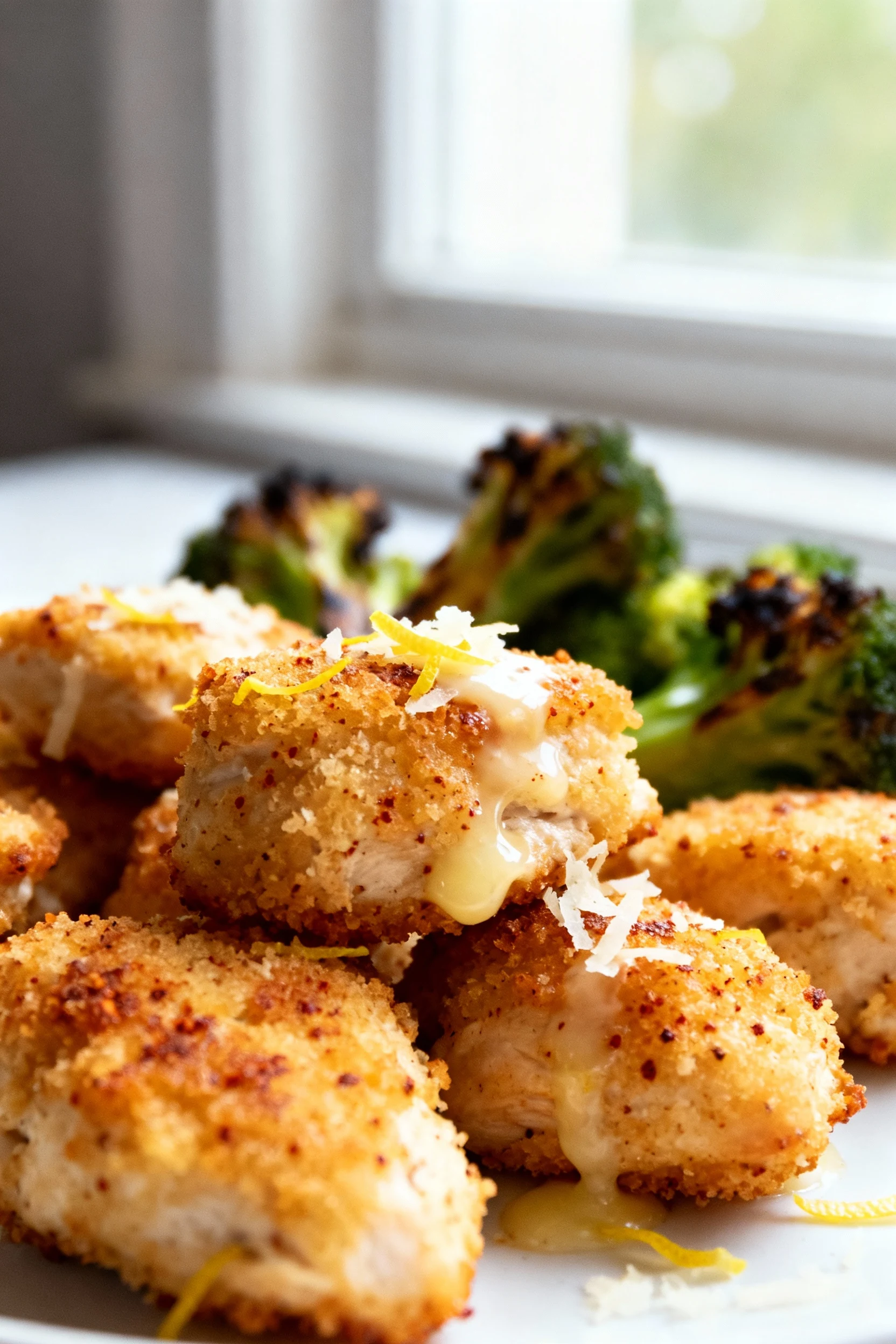 Close-up of crispy garlic-Parmesan chicken bites: golden cornstarch crust with smoked paprika speckles, melted Parm and 