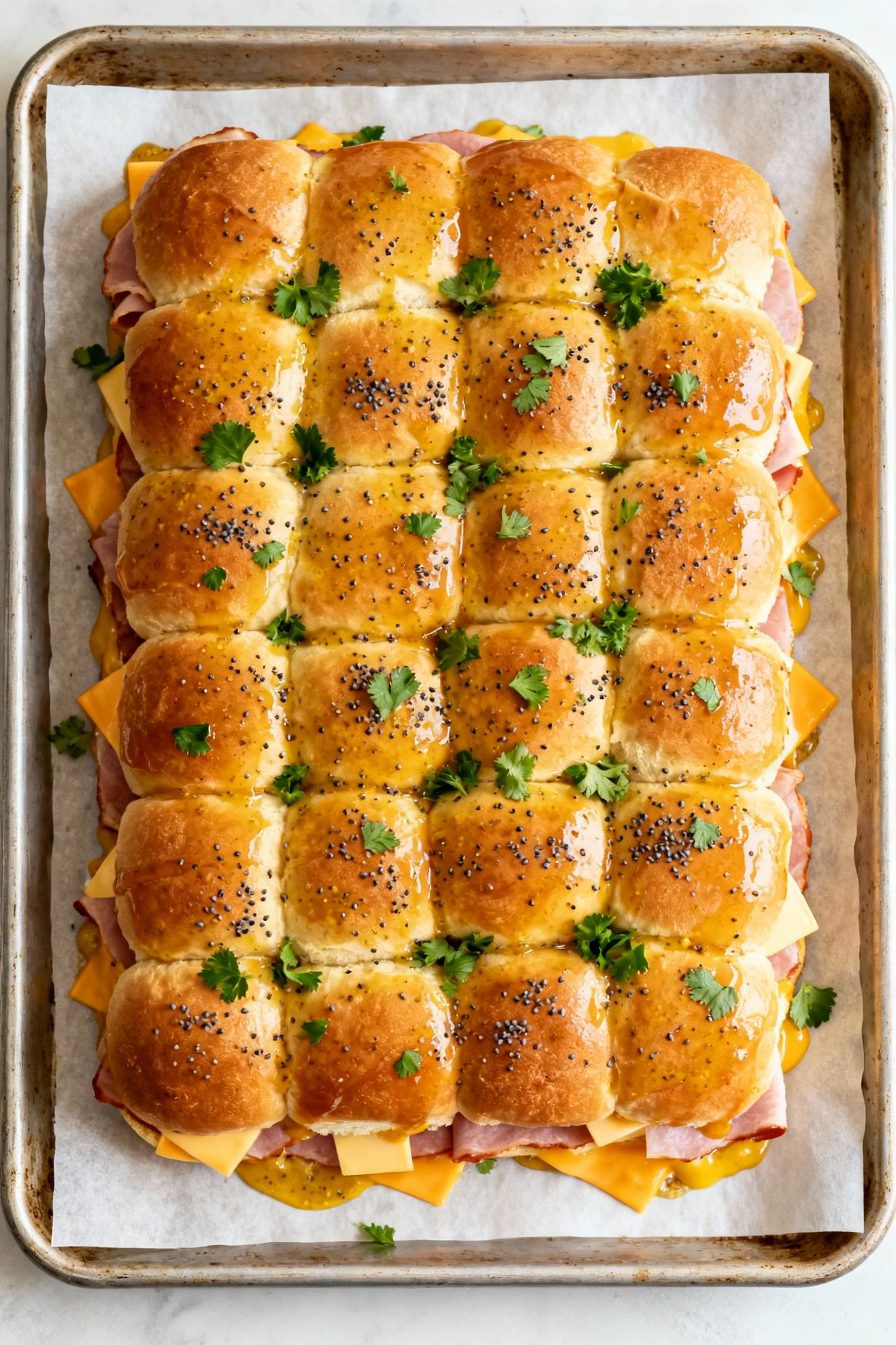 Overhead shot of ham + Swiss Hawaiian roll slab post-bake in a parchment-lined 9x13 pan, golden butter–Dijon–Worcestersh