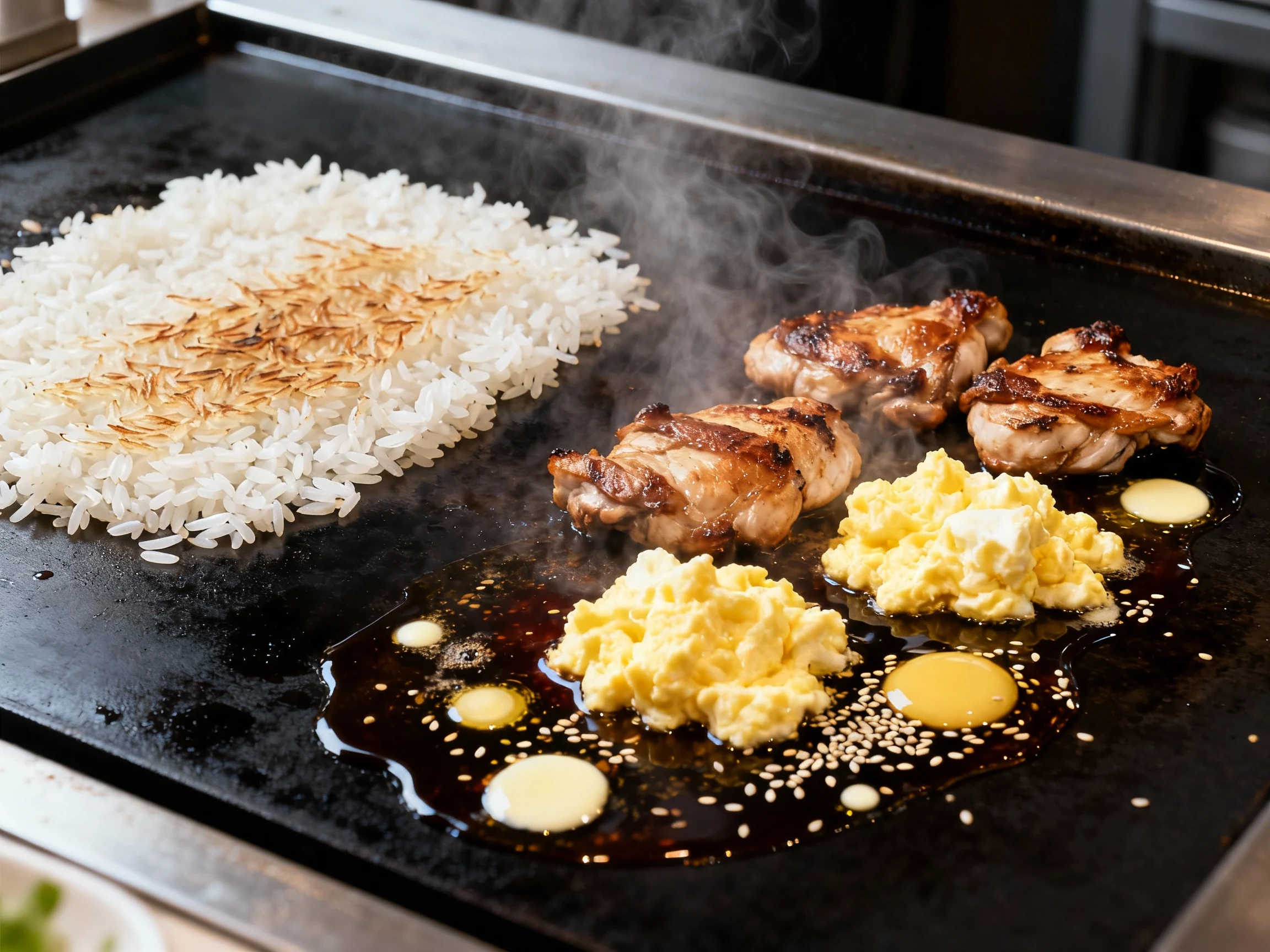 Food photography, Blackstone griddle, two-zone cooking process: jasmine rice spread thin on the hot side crisping 60–90 