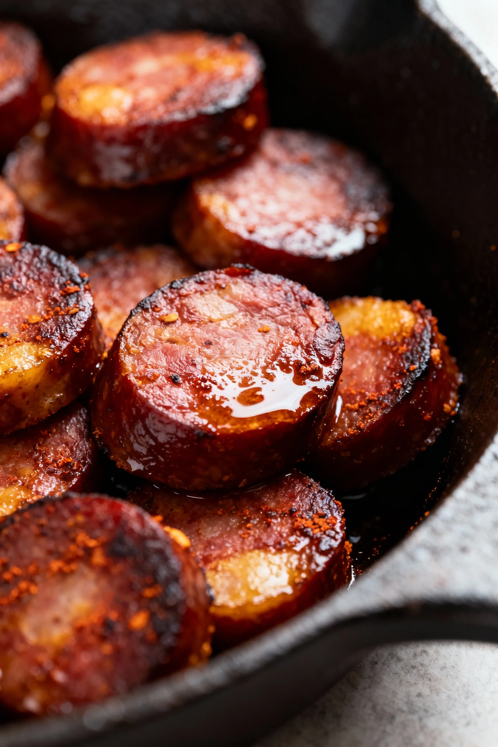 1. Close-up of seared andouille sausage rounds in a cast-iron skillet, deep mahogany crust with glossy rendered fat, smo