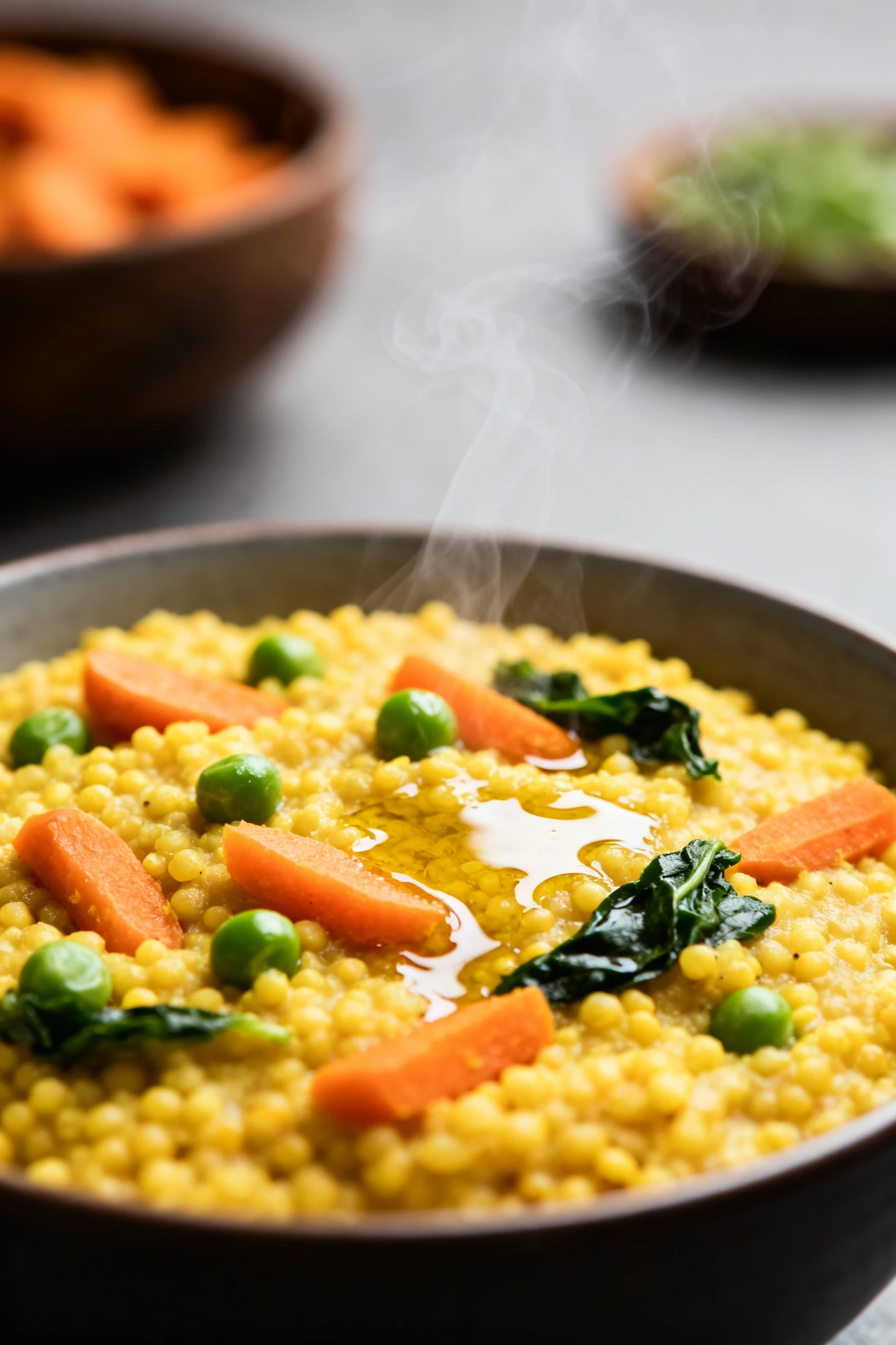 1. Close-up of creamy moong dal–foxtail millet khichdi, turmeric-golden with glossy ghee sheen; tender carrot, bright pe