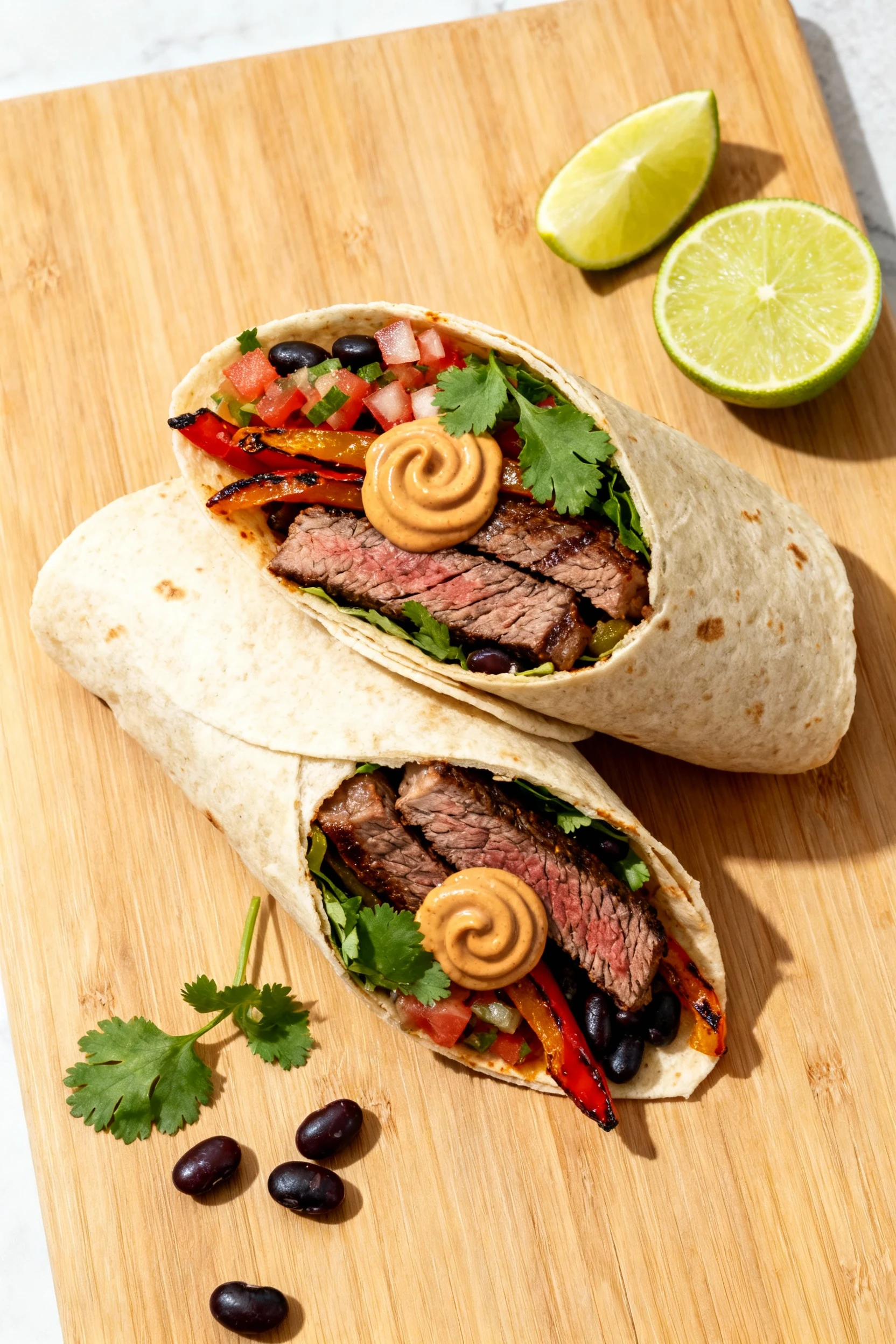 Overhead shot of Tex-Mex steak wrap, halved, showing chili-lime flank steak, grilled peppers, black beans, pico de gallo
