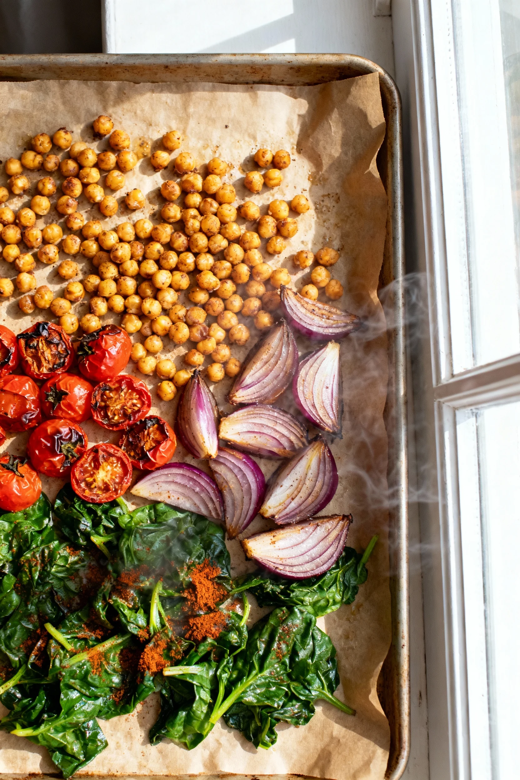 1. Overhead shot of parchment-lined sheet pan just out of the oven: crispy roasted chickpeas, blistered cherry tomatoes,