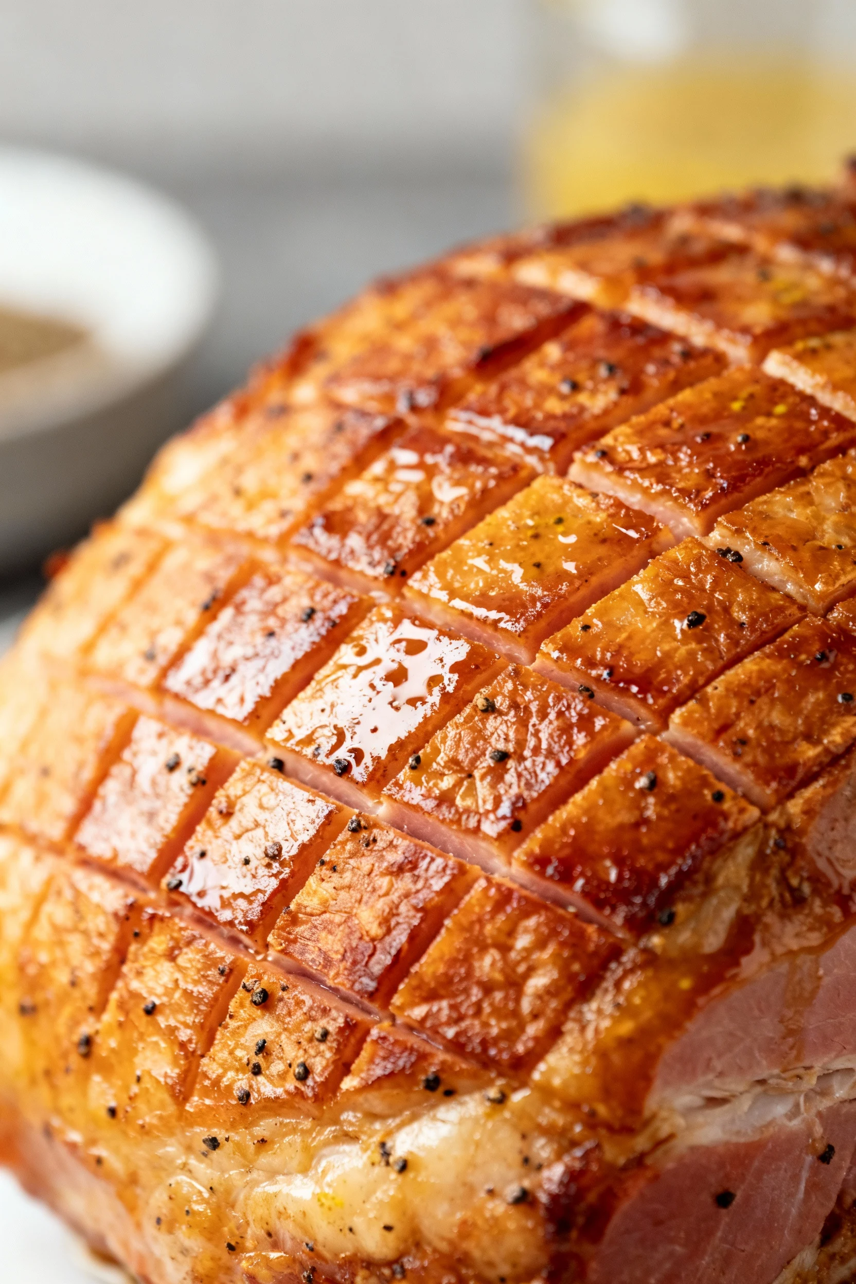 Close-up of diamond-scored ham after 425°F blast, maple–Dijon glaze caramelized, crackly bark and pepper flecks, shallow