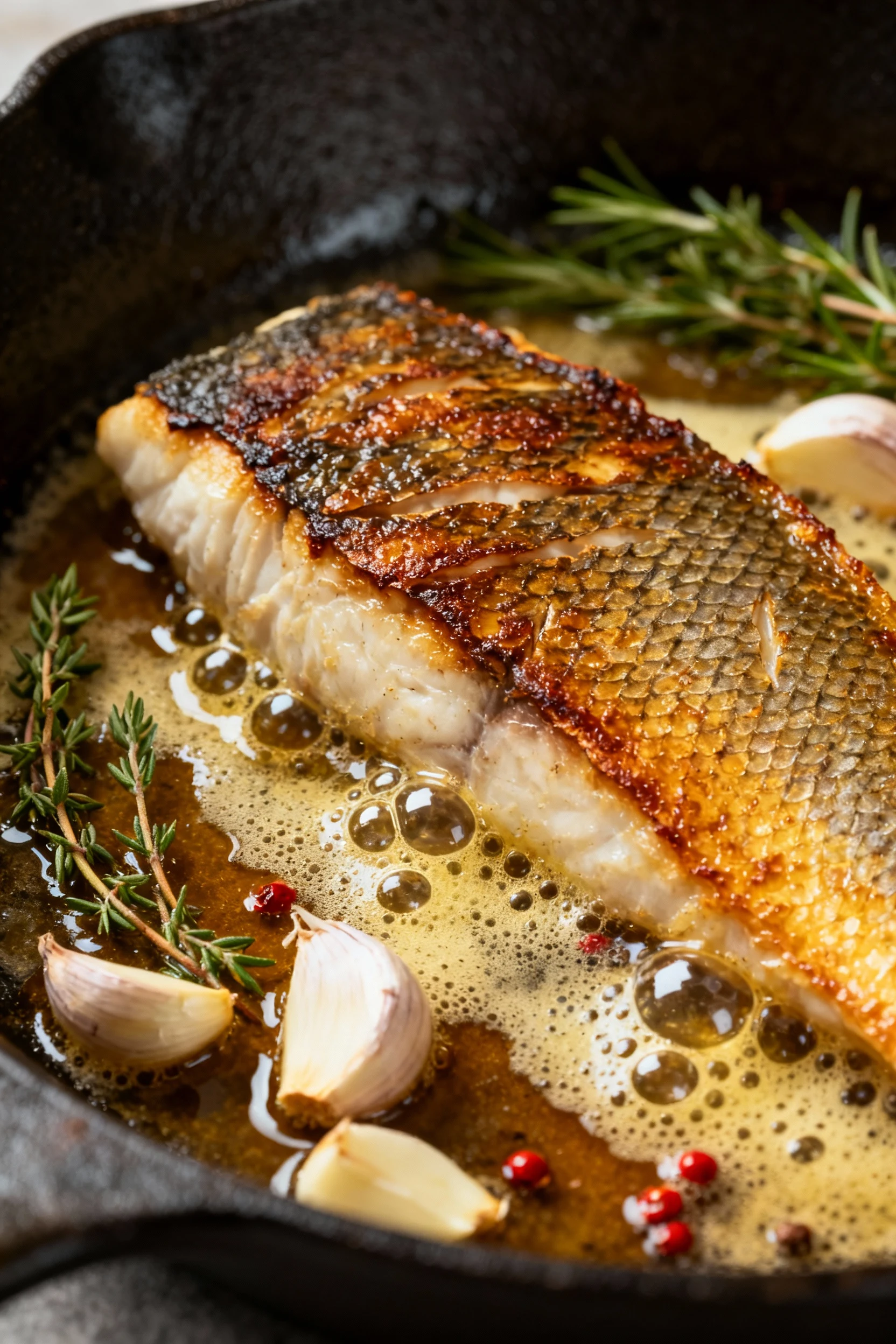Macro close-up of pan-seared sea bass skin-side down in cast-iron, shatter-crisp deep golden skin with rendered fat bead