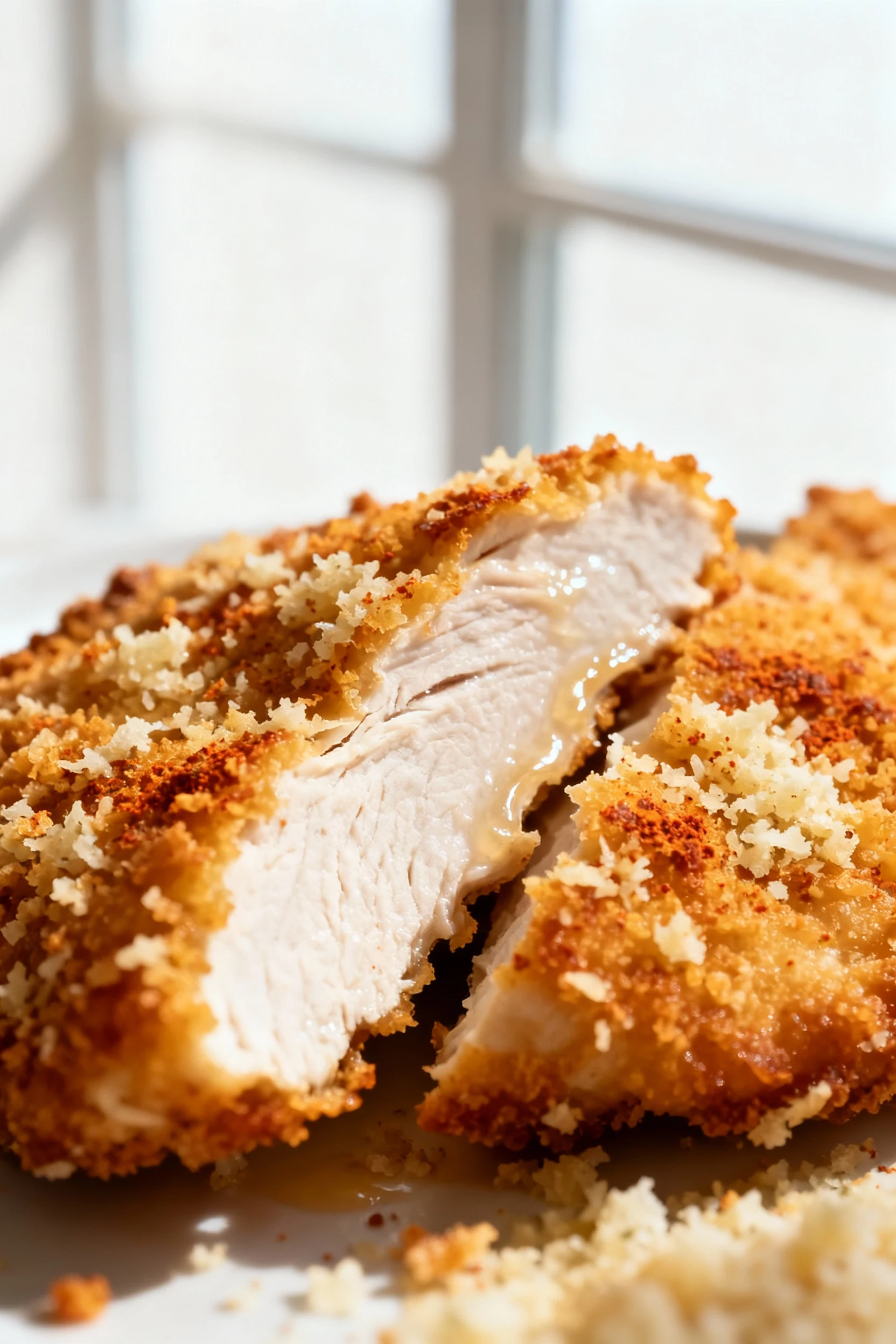 Close-up of sliced breaded chicken cutlet showing juicy white meat and shatteringly crisp panko–Parmesan crust with papr