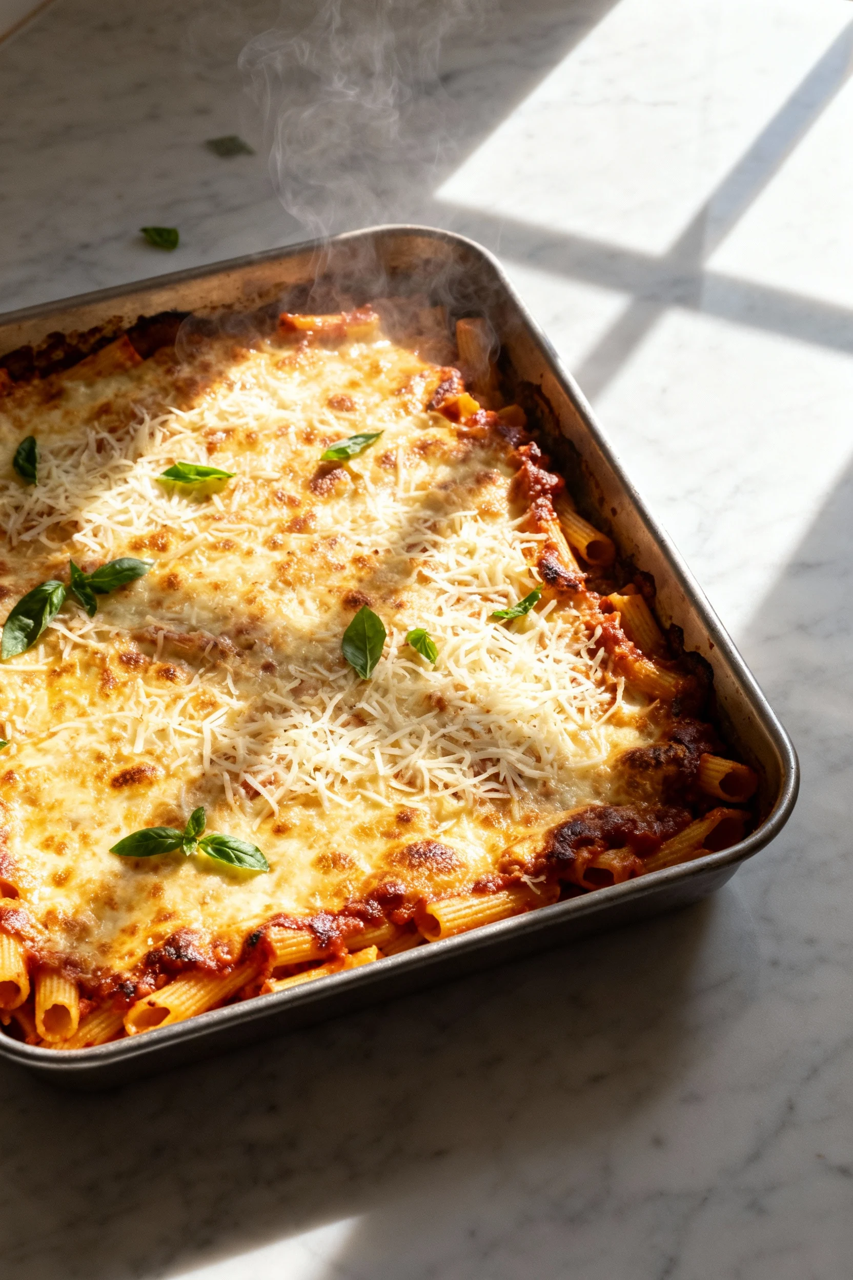 Overhead shot of cheesy baked ziti in a 9x13-inch pan just out of the oven: golden, blistered shredded mozzarella lid, c