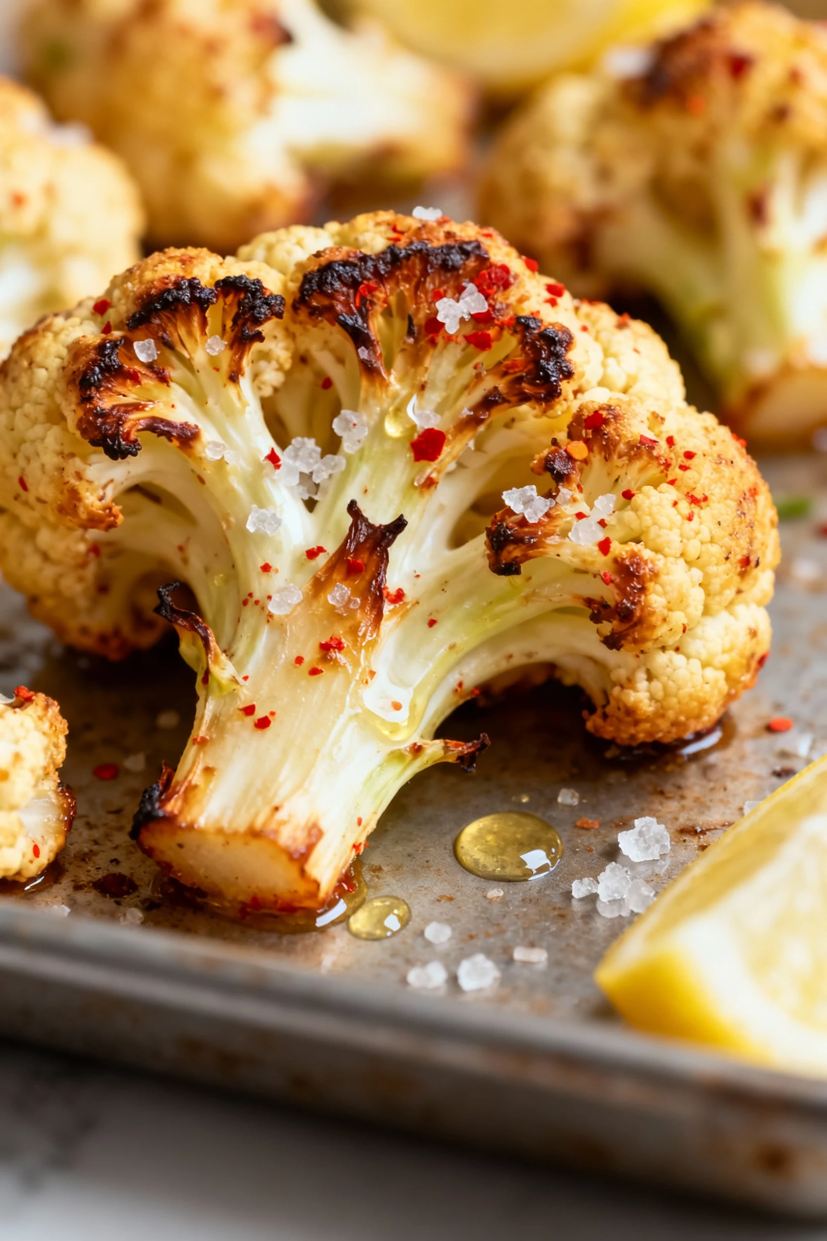 1. Close-up of high-heat roasted cauliflower on a preheated sheet pan, deep caramelized edges, paprika-red flecks, coars