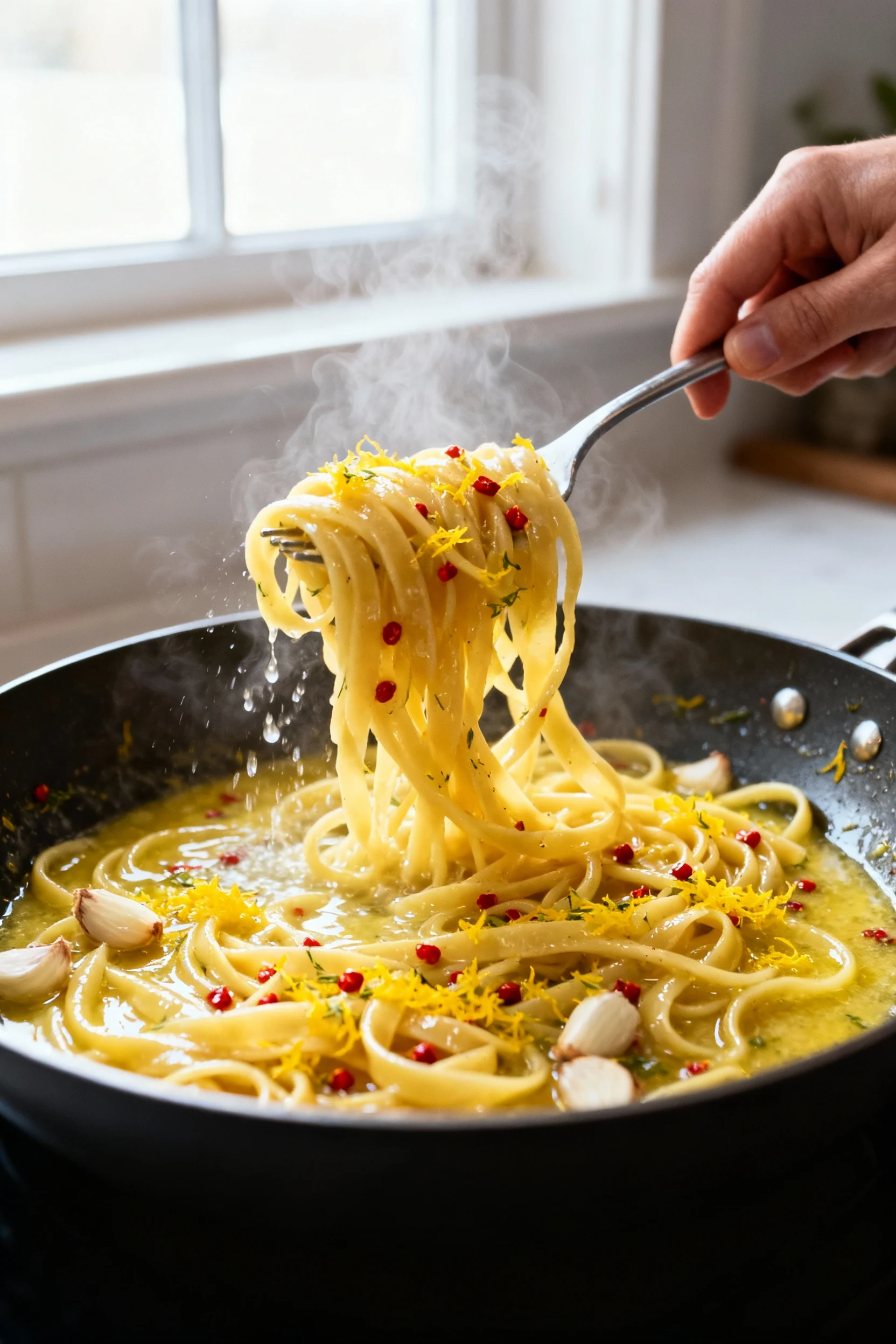 Wide skillet shot of linguine being vigorously tossed with a glossy emulsified lemon–butter–olive oil sauce, speckled wi