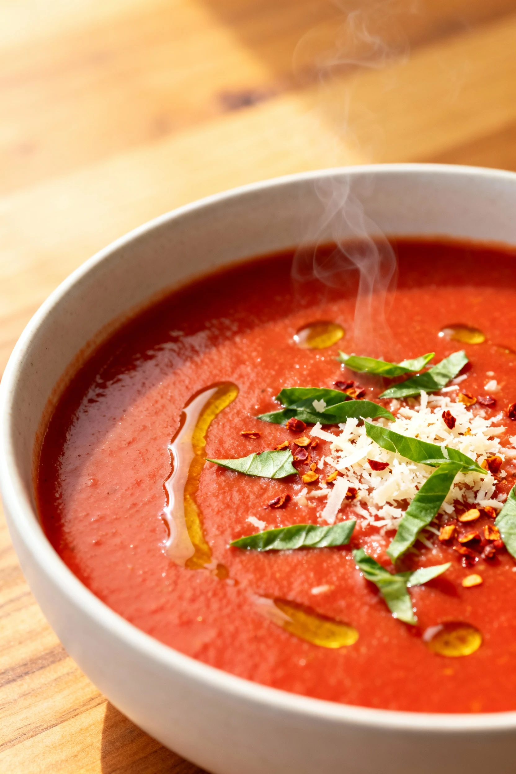Macro close-up of creamy tomato basil soup: velvety scarlet base with olive oil droplets, basil chiffonade, grated Parme