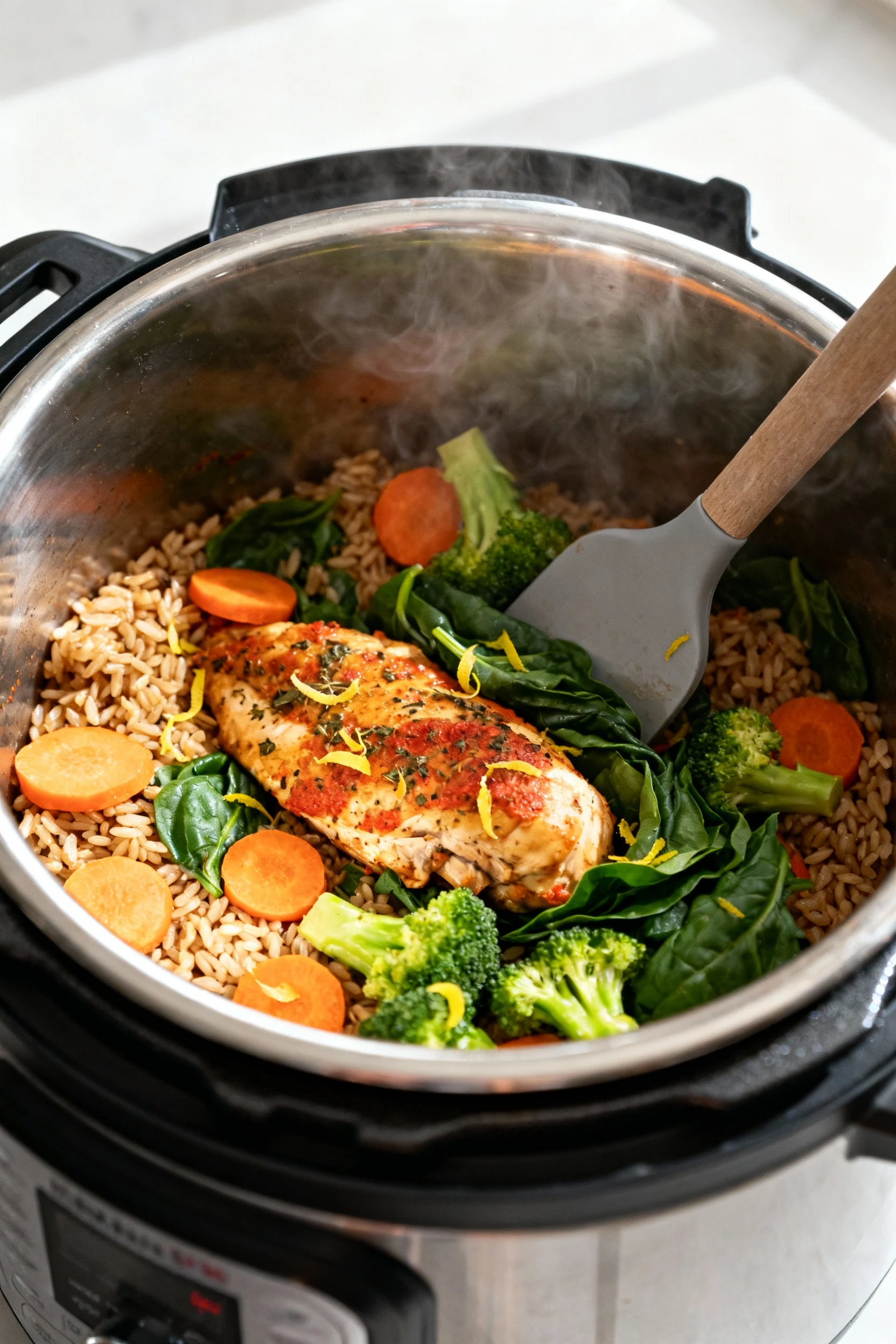 Instant Pot finishing step: lid off after 10-minute natural release, steam rising over tender paprika-oregano chicken an