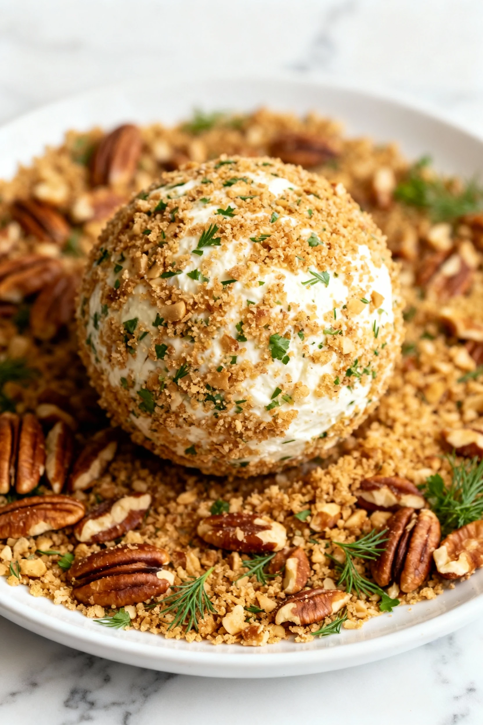 Process shot: chilled cheeseball being rolled across finely chopped toasted pecans + parsley-dill on a white plate, crum