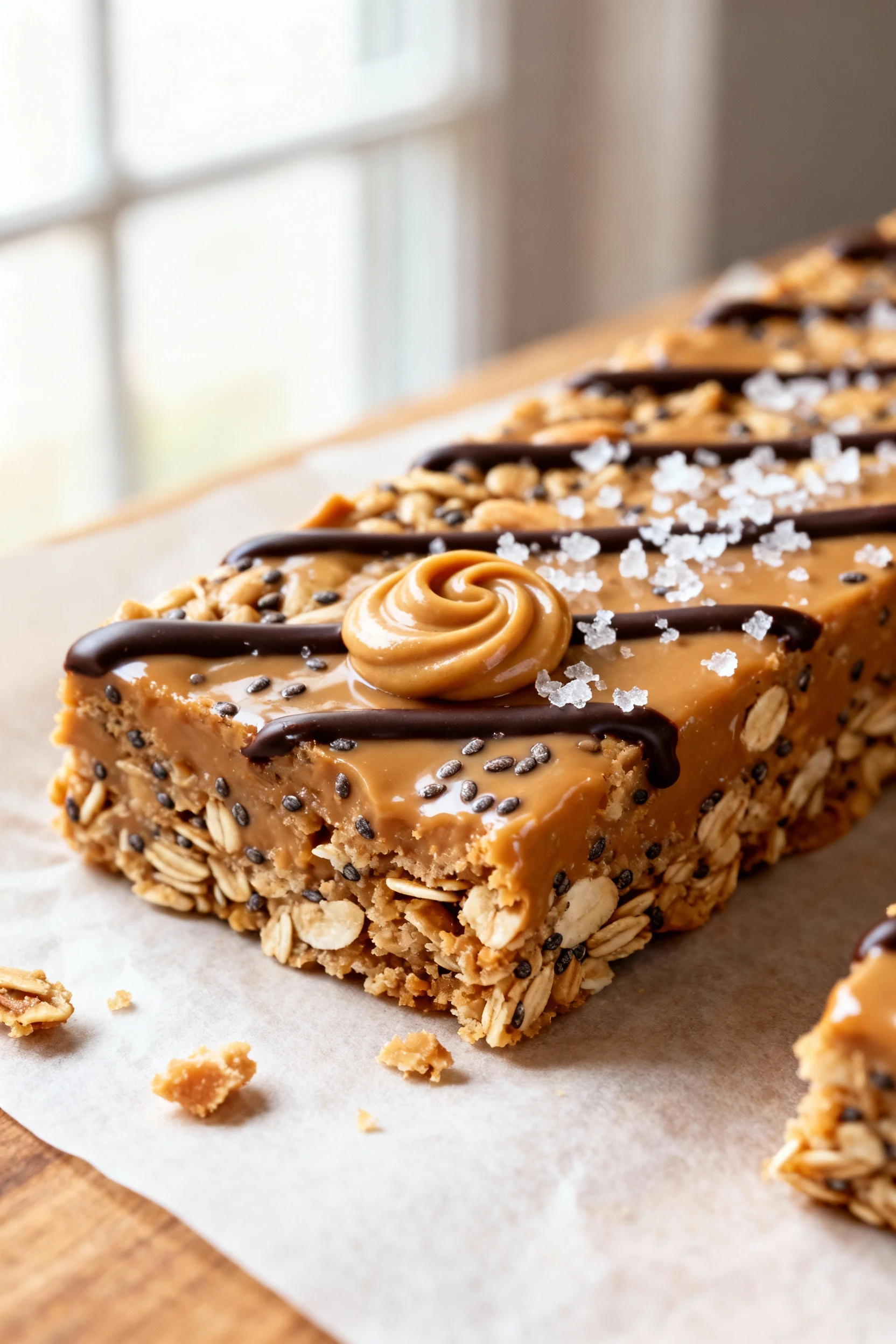Close-up macro of a sliced peanut butter oat bar showing a glossy peanut butter–honey bind around rolled oats with chia 