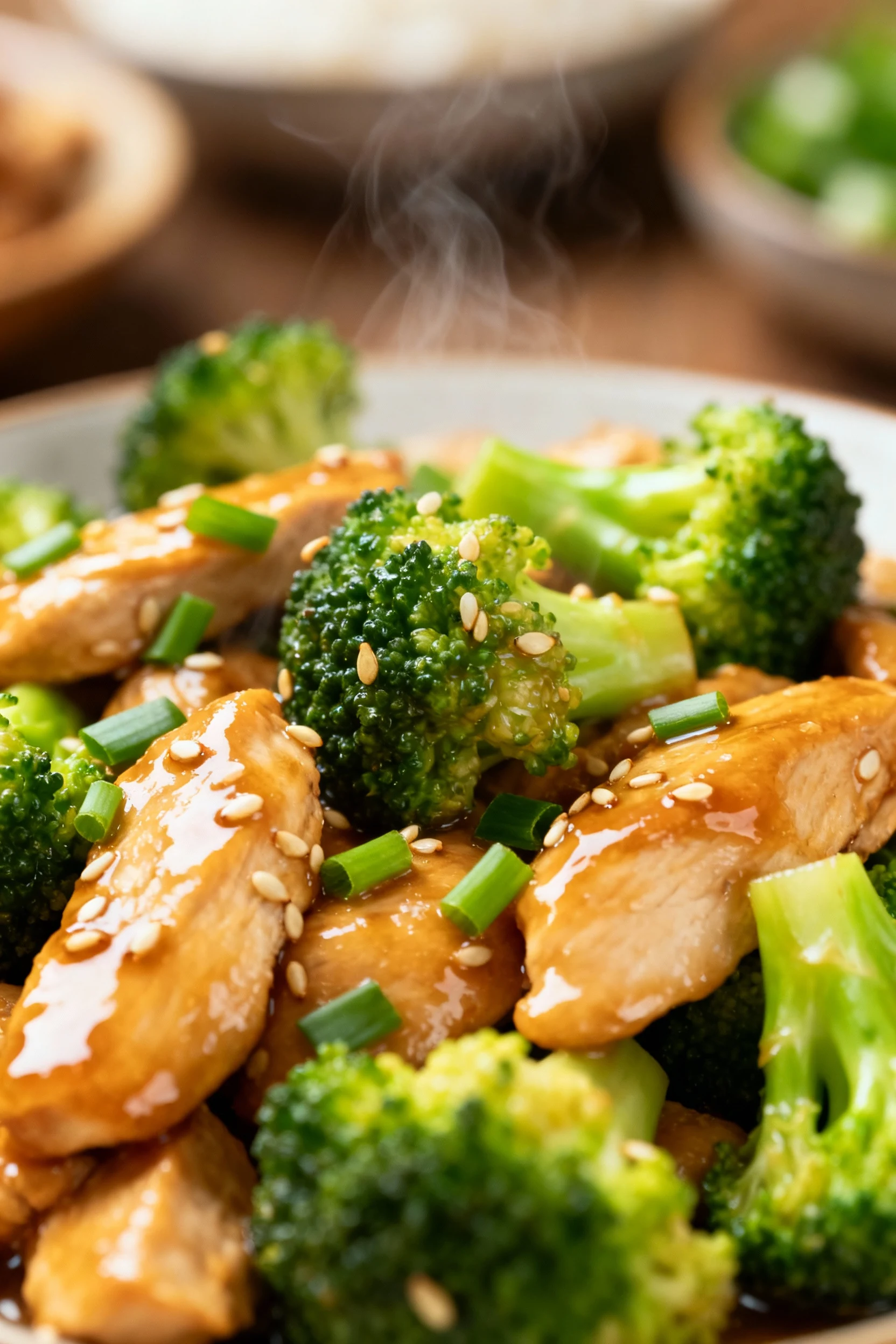 Close-up of glossy chicken-and-broccoli stir-fry: velveted chicken slices, bright crisp-tender broccoli, scallion greens