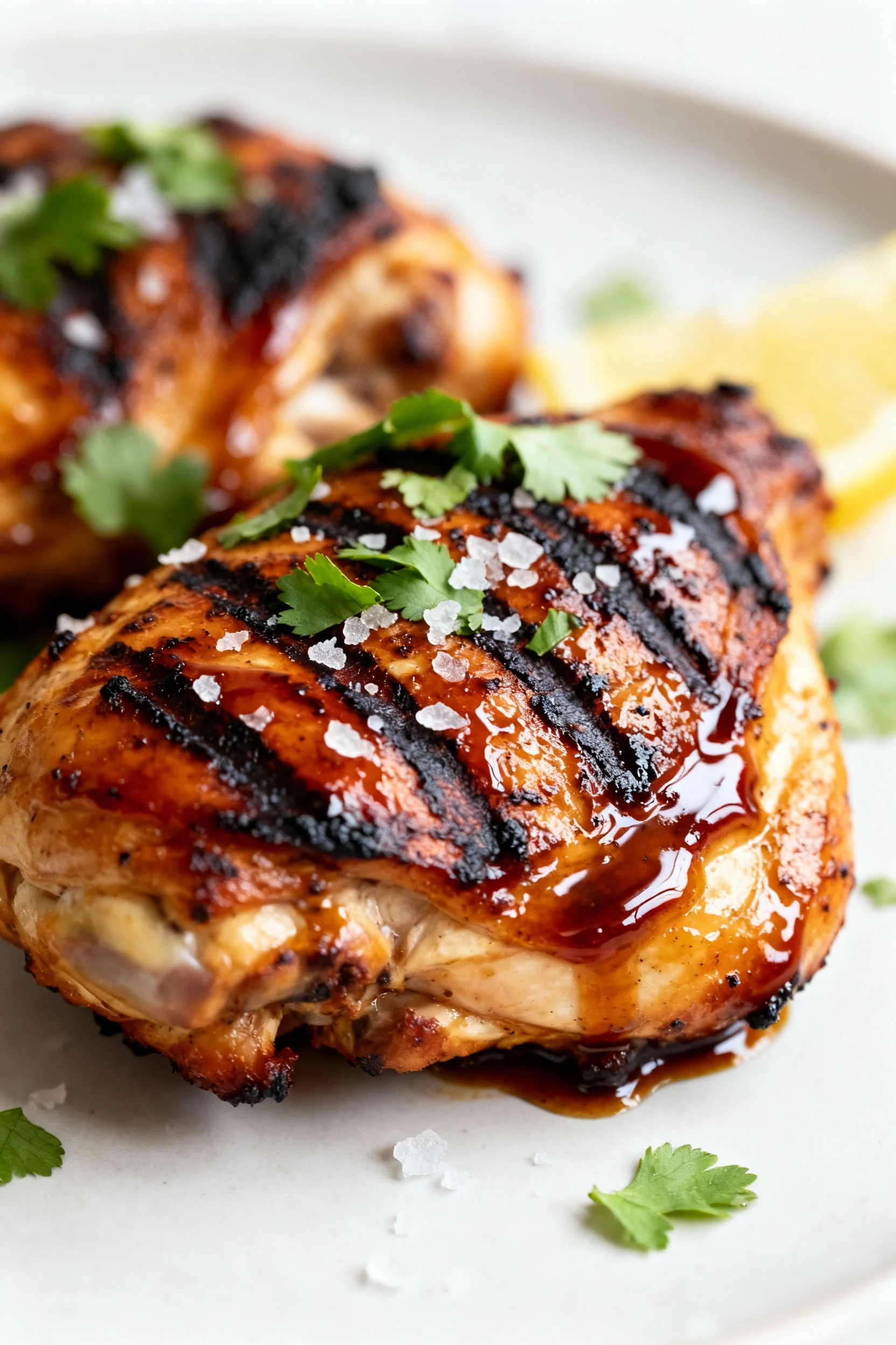 Close-up of lacquered grilled chicken thighs with deep char and distinct grill marks, brushed in the last minute with re