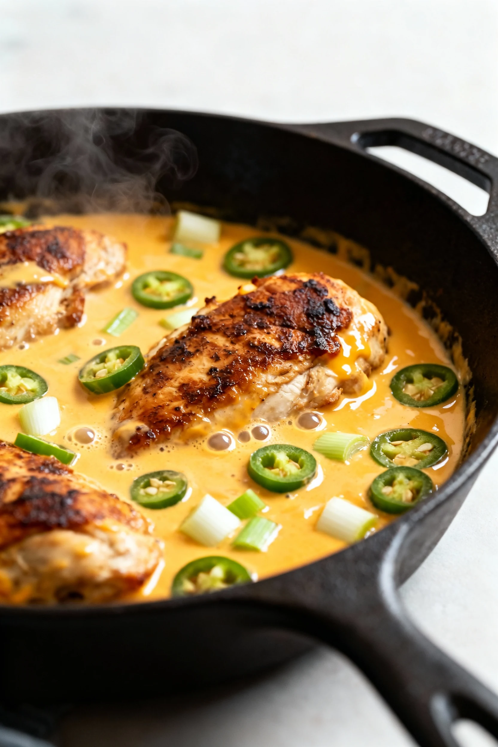 Cast-iron skillet of jalapeño popper chicken simmering in a glossy cream cheese–cheddar sauce; deeply seared chicken nes