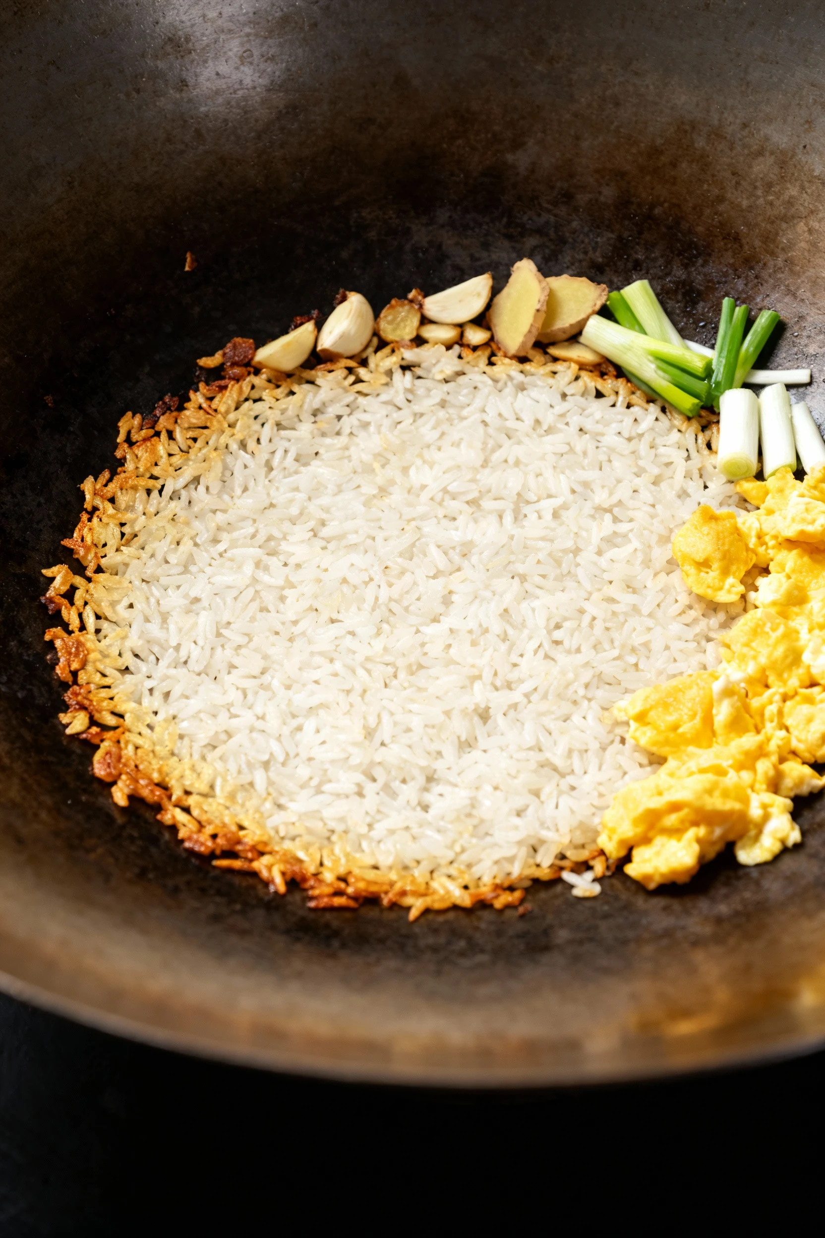 Cooking process: day-old jasmine rice crisping in a ripping-hot carbon-steel wok, spread in a thin even layer and left u
