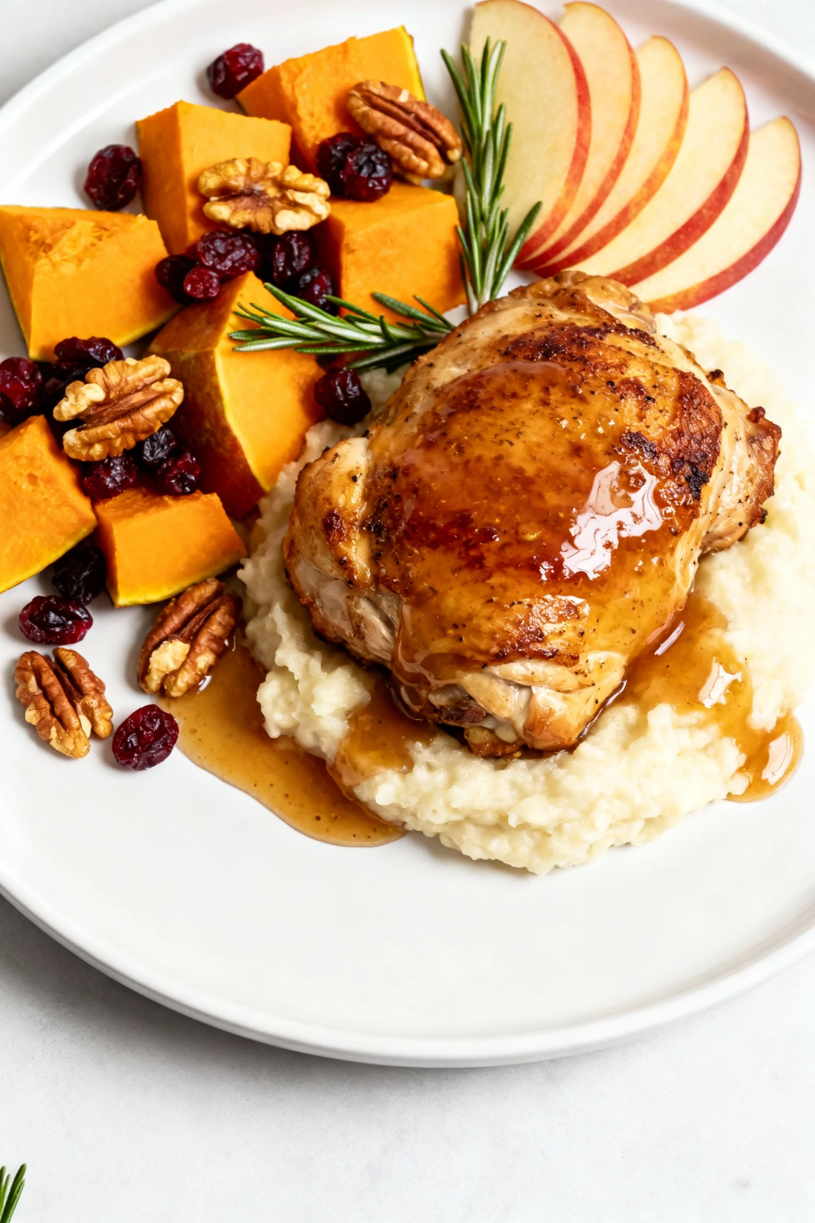 45-degree plated shot of autumn harvest chicken thighs over creamy mashed potatoes, glossy maple-Dijon apple cider sauce