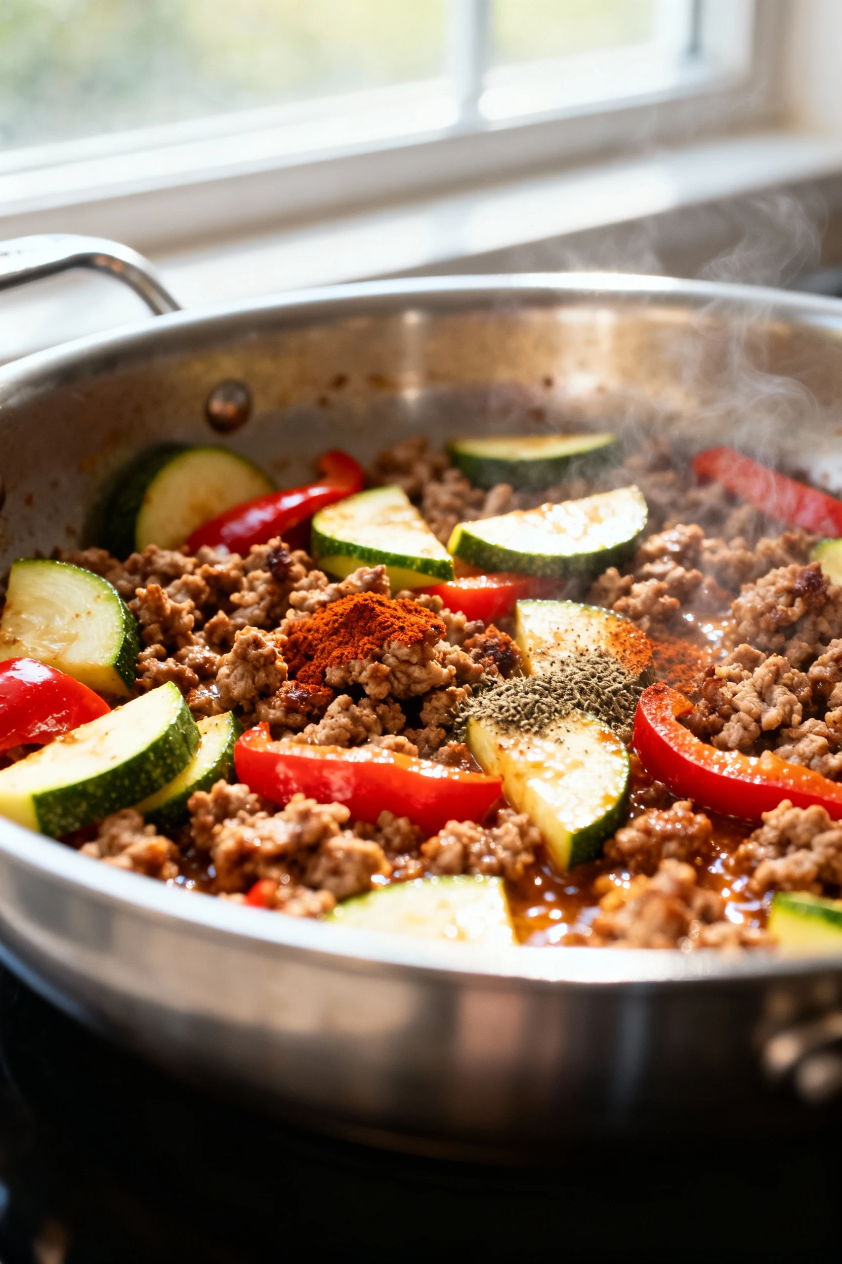 1. Close-up of caramelized ground turkey in a hot stainless-steel skillet, cumin and smoked paprika blooming, crisp-tend