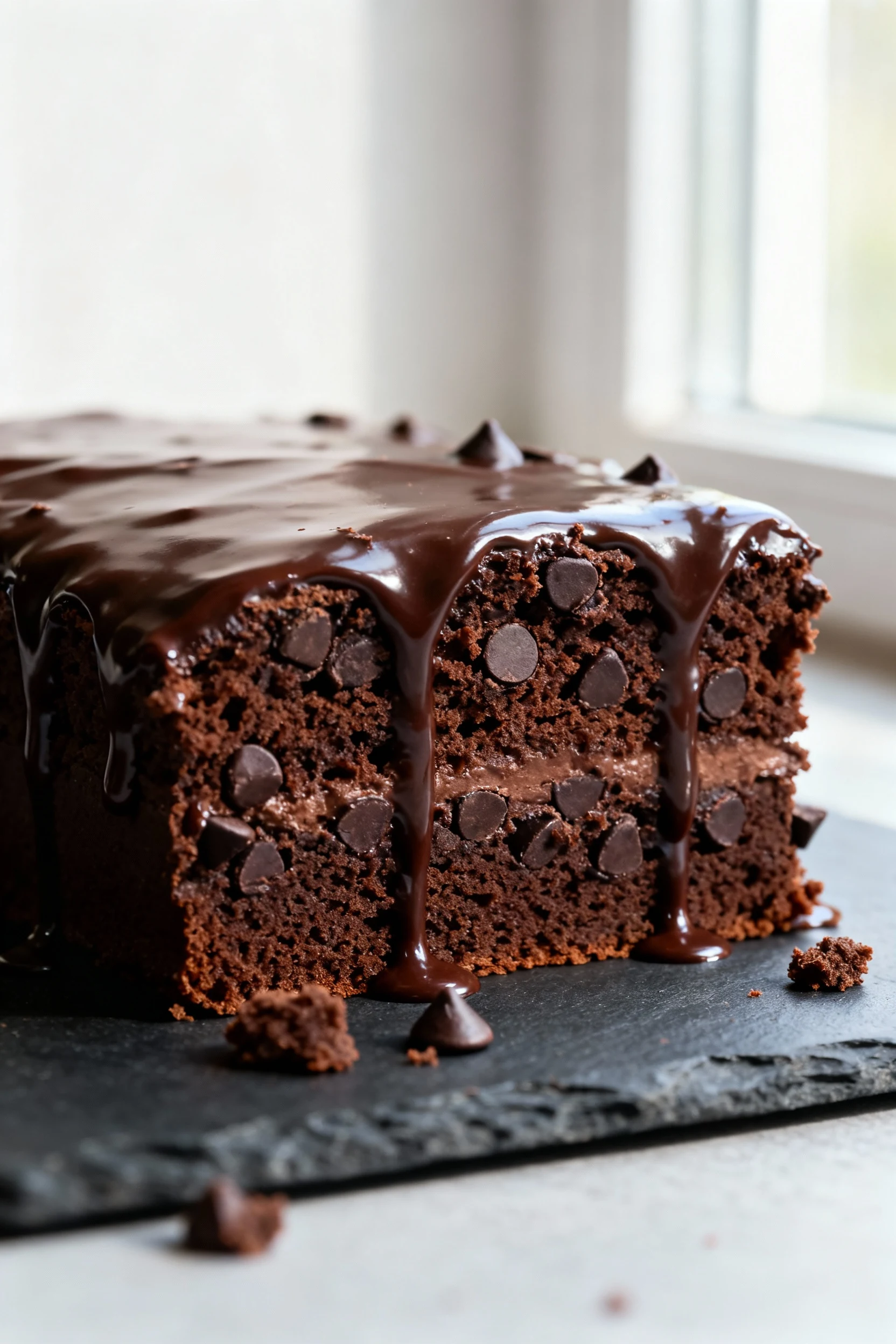 Close-up of Chocolate Fudge Upgrade slice: plush, ultra-moist crumb with mini chips, glossy ganache drip, deep cocoa ton
