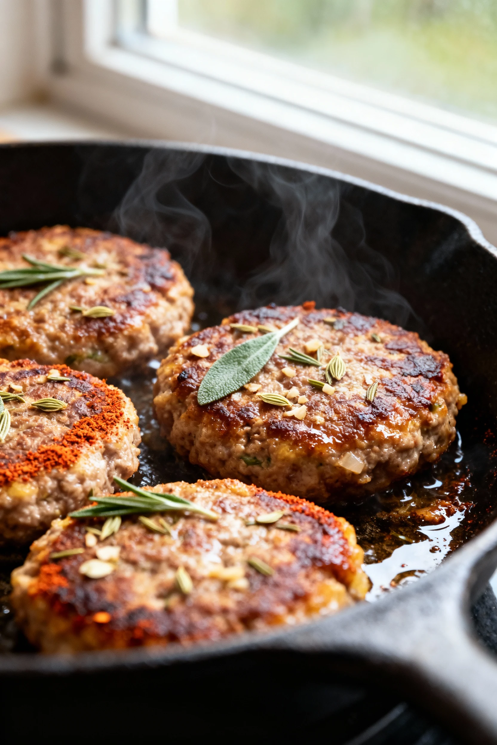 Close-up of breakfast sausage patties sizzling in a cast-iron skillet, deep golden-brown crust, sage and crushed fennel 