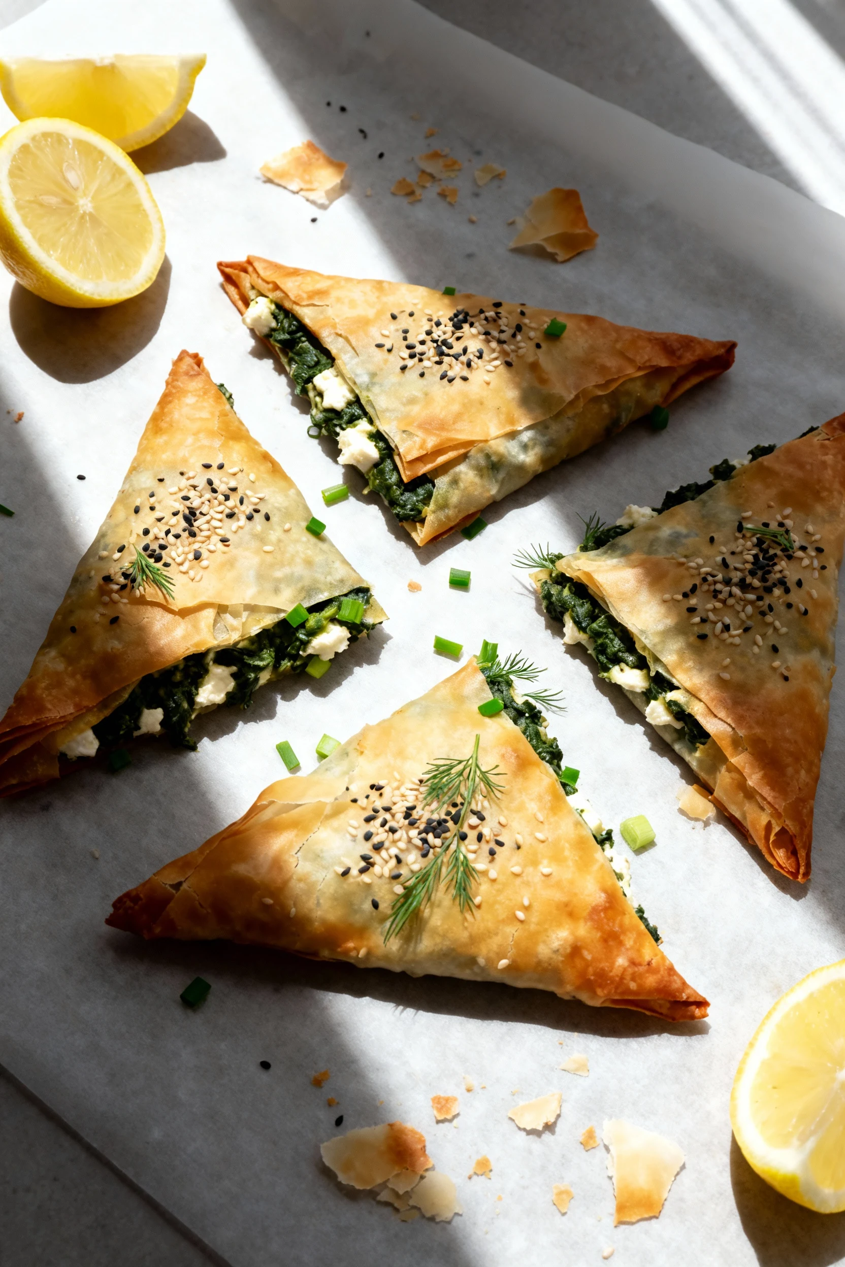 Overhead shot of golden-brown spinach–feta phyllo triangles on a parchment-lined sheet, sesame and nigella sprinkled, gr