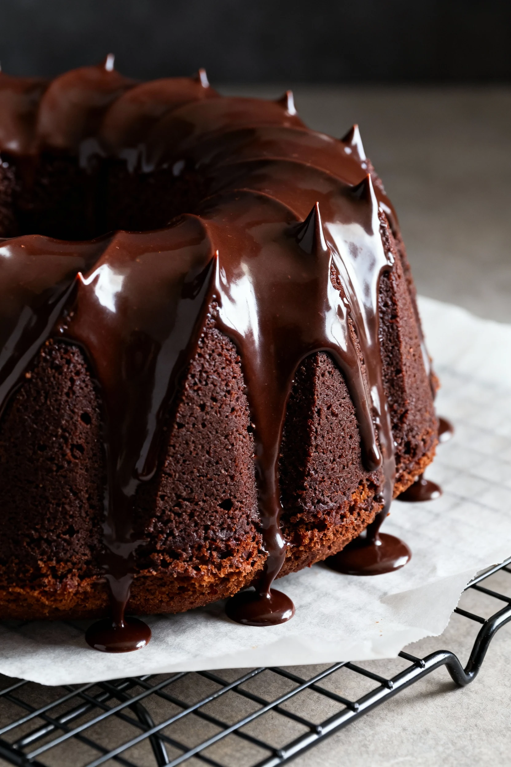 Chocolate variation bundt cake being glazed with glossy ganache, dramatic drips cascading over sharp ridges; deep mahoga