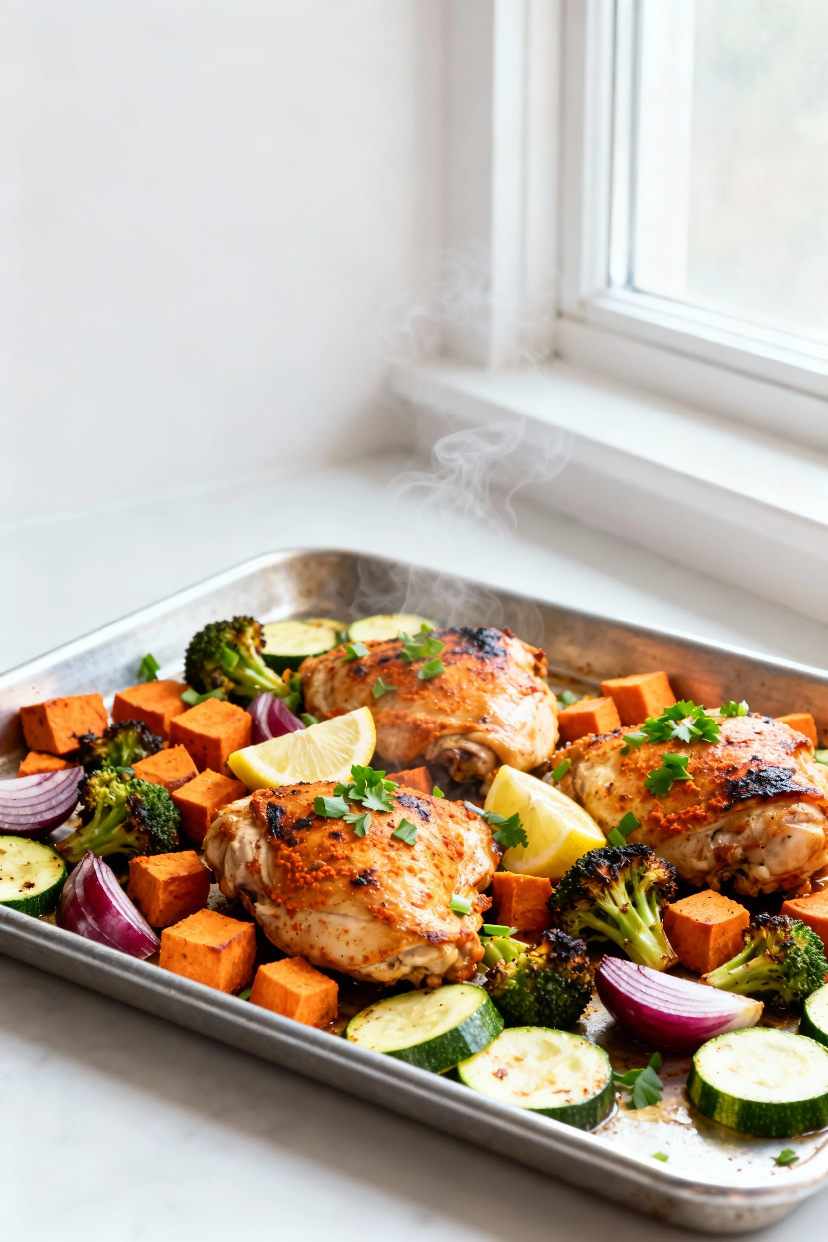 Sheet pan dinner just out of the oven: roasted lemon–paprika chicken thighs nestled with caramelized sweet potato cubes,