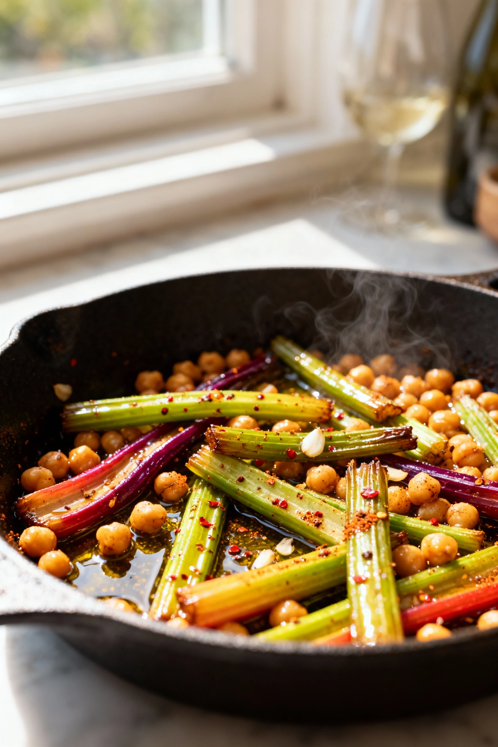 Close-up of caramelized rainbow chard stems and chickpeas in olive oil, flecked with garlic, red pepper flakes, and smok