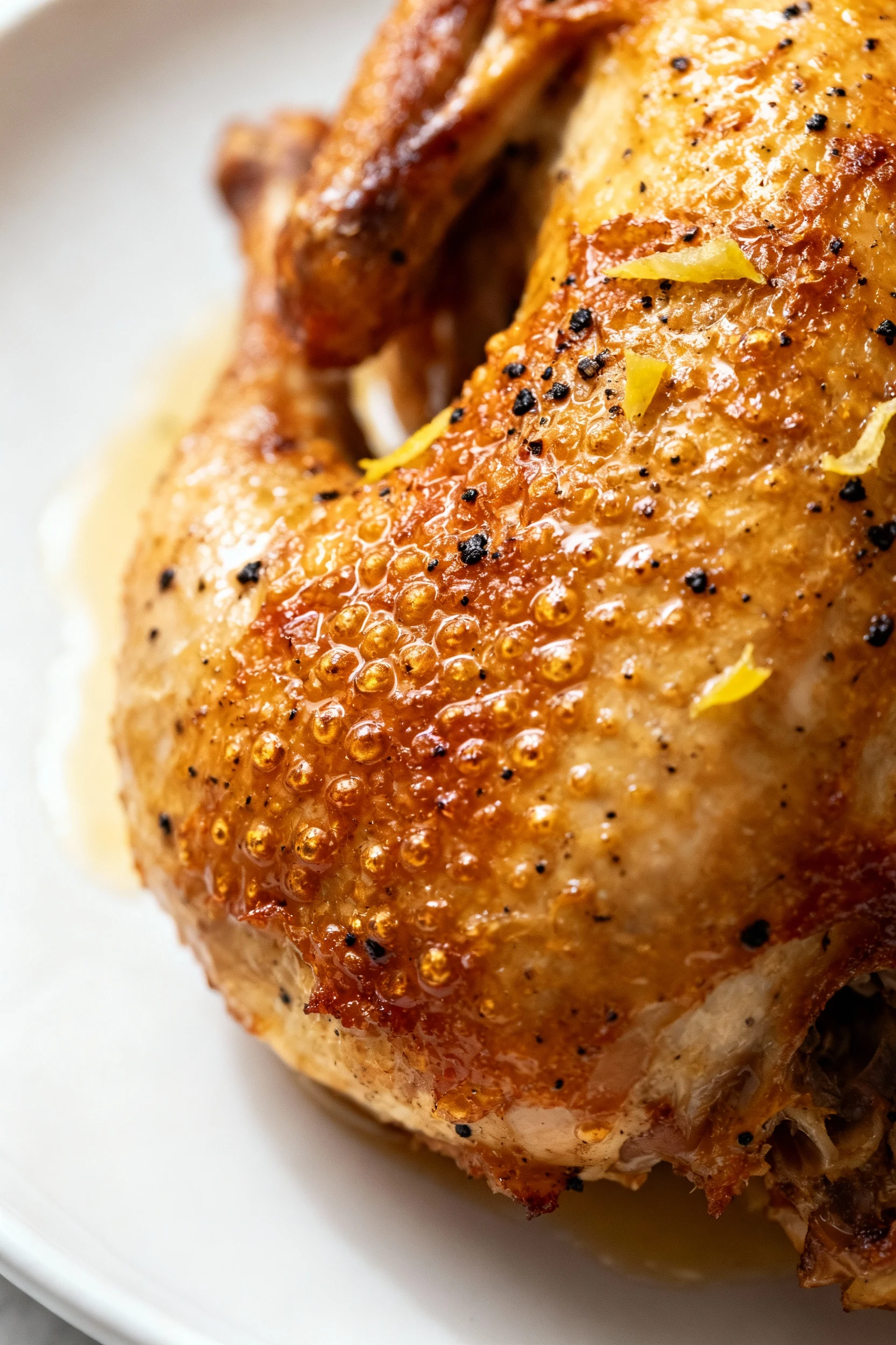 Close-up of dry-brined roast chicken skin, shatter-crisp and deep golden with tiny blisters, flecks of black pepper and 