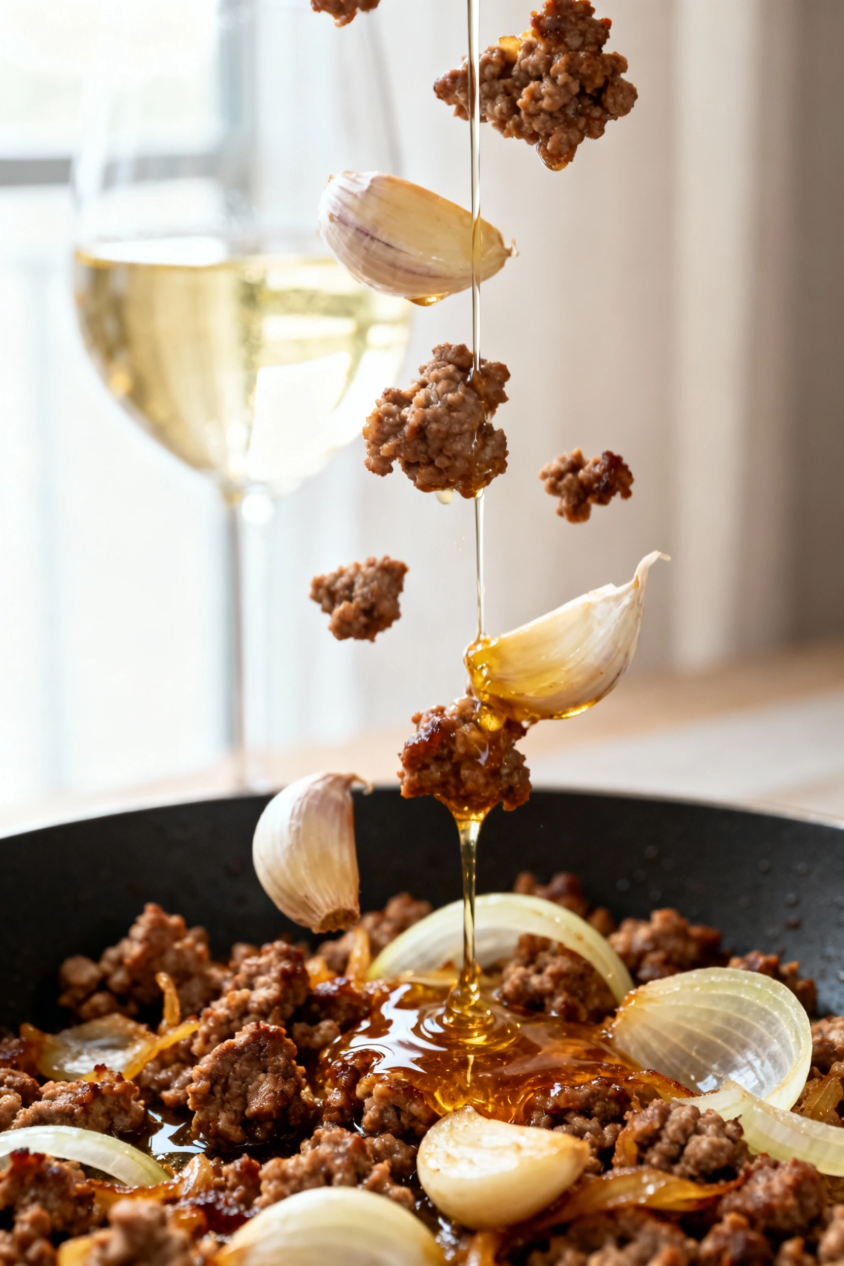Close-up of aggressively browned Italian sausage crumbles and fond with bloomed garlic and translucent onion, a splash o