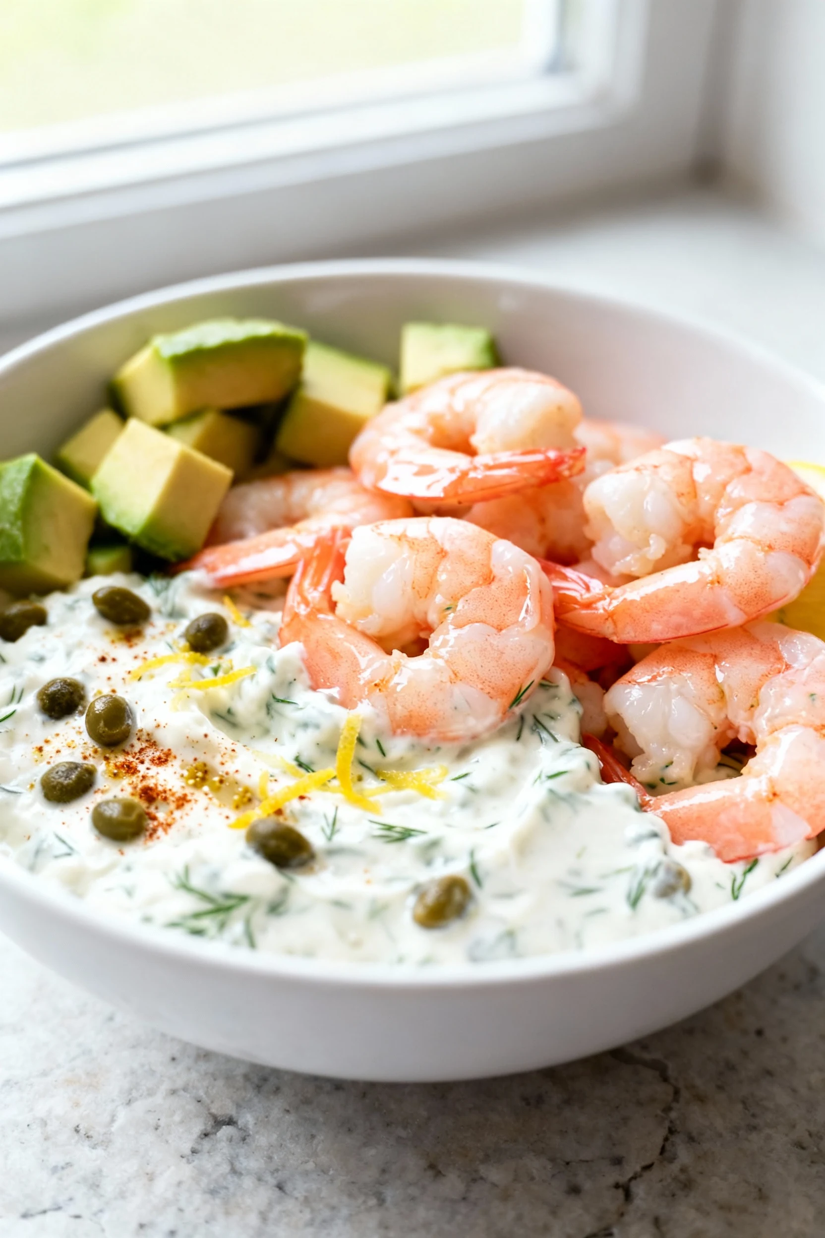 1. Close-up of chilled, just-poached pink shrimp being gently folded into a creamy lemon–dill–Greek yogurt dressing with